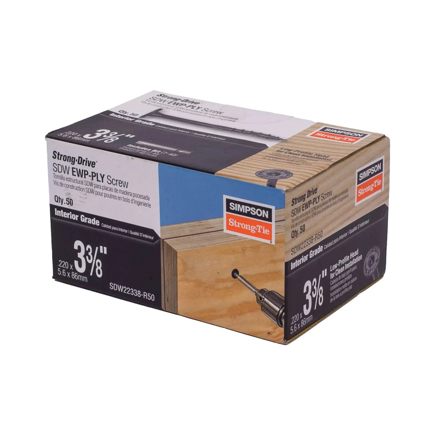 Simpson Strong-Tie SDW22338-R50 Strong-Drive SDW EWP-PLY Screw,  .220-in. x 3-3/8-in. T40 6-Lobe, E-coat, 50-Pack - Image 2