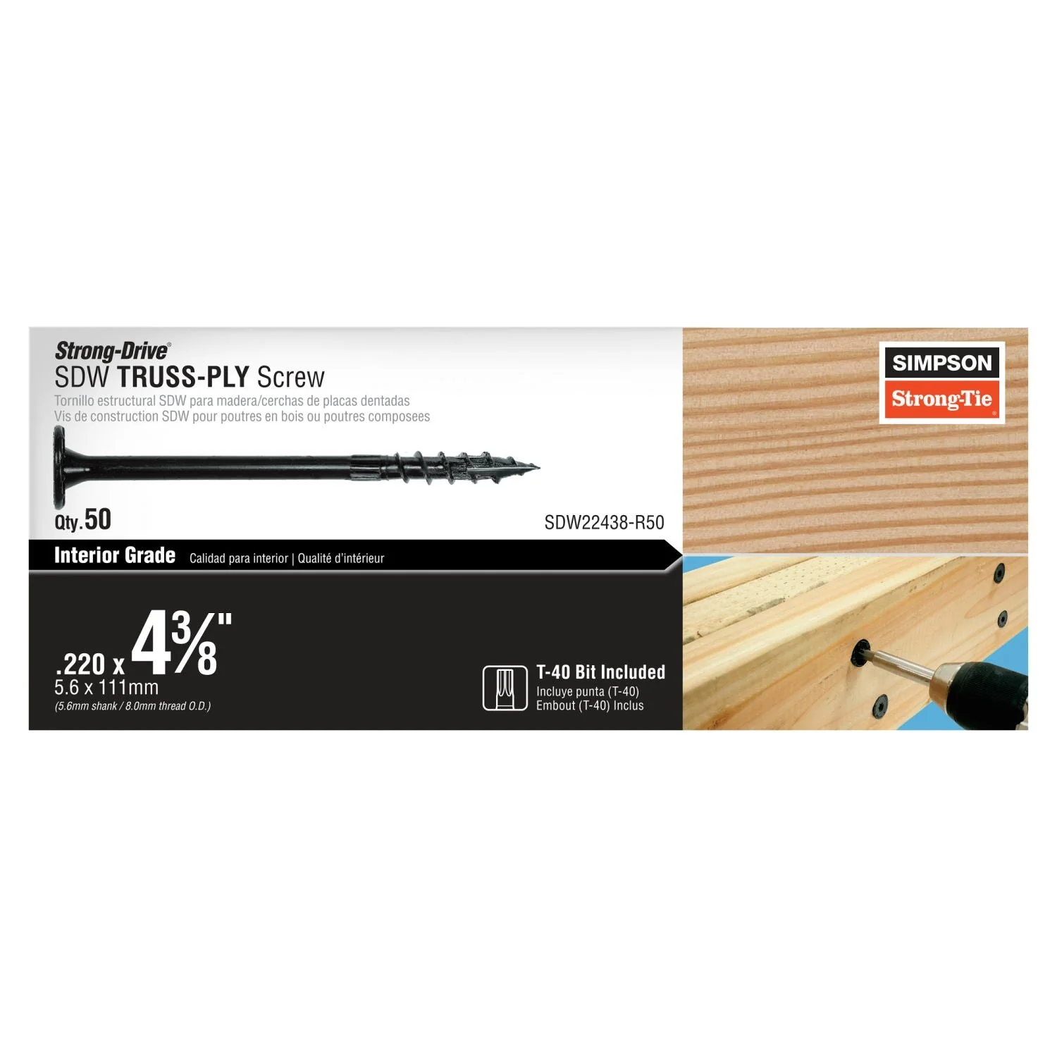 Simpson Strong-Tie SDW22438-R50 Strong-Drive SDW TRUSS-PLY Screw,  .220-in. x 4-3/8-in. T40 6-Lobe E-coat, 50-Pack - Image 2