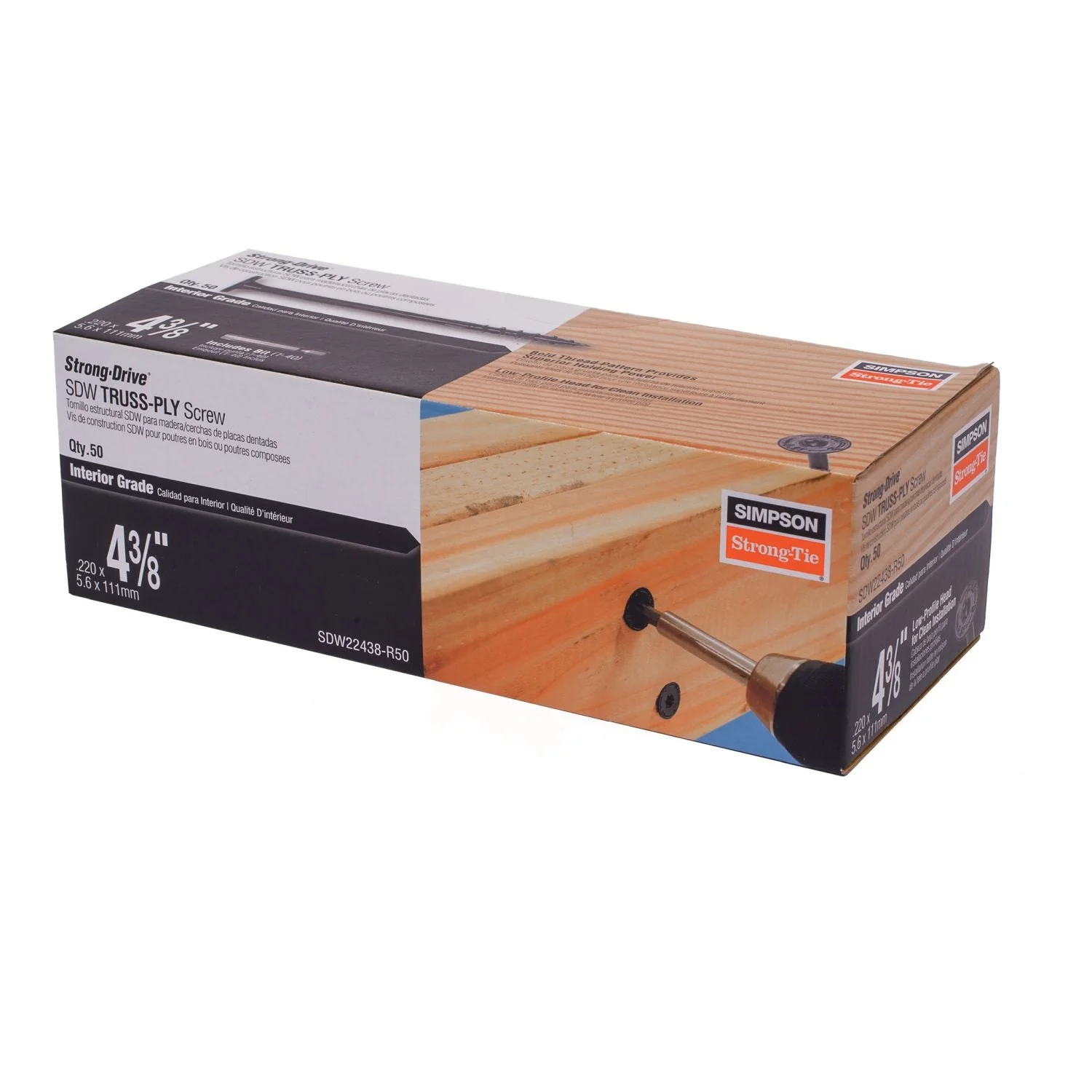 Simpson Strong-Tie SDW22438-R50 Strong-Drive SDW TRUSS-PLY Screw,  .220-in. x 4-3/8-in. T40 6-Lobe E-coat, 50-Pack - Image 3