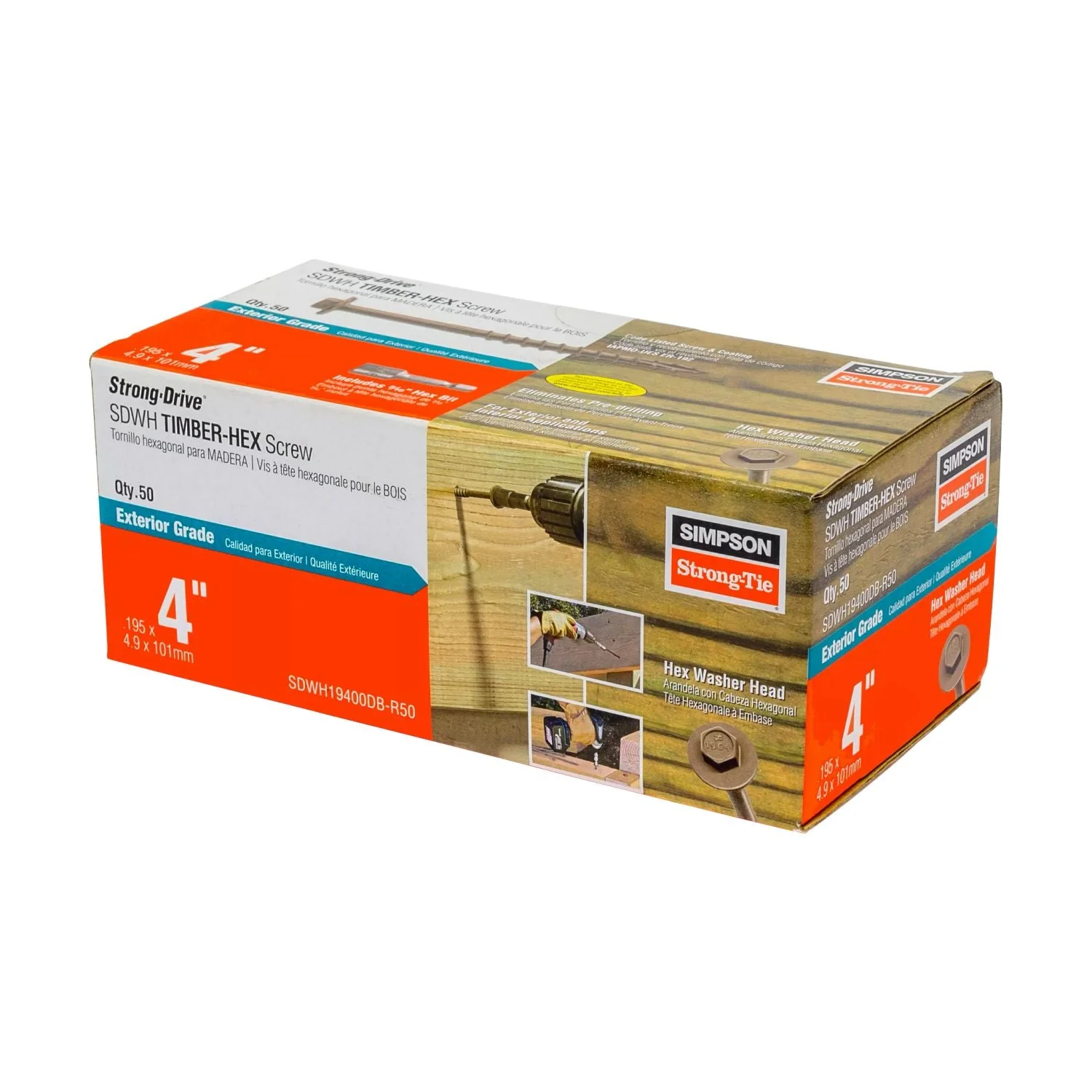 Simpson Strong-Tie SDWH19400DB-R50 Strong-Drive SDWH TIMBER-HEX Screw,  0.195-in. x 4-in. 5/16 Hex, DB Coating, 50-Pack - Image 2