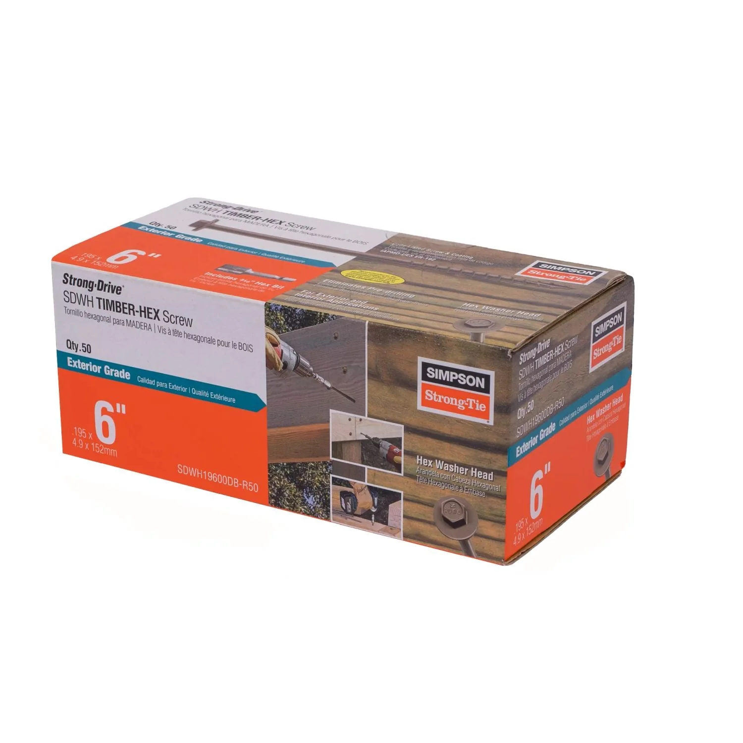 Simpson Strong-Tie SDWH19600DB-R50 Strong-Drive SDWH TIMBER-HEX Screw,  0.195-in. x 6-in. 5/16 Hex, DB Coating, 50-Pack - Image 2