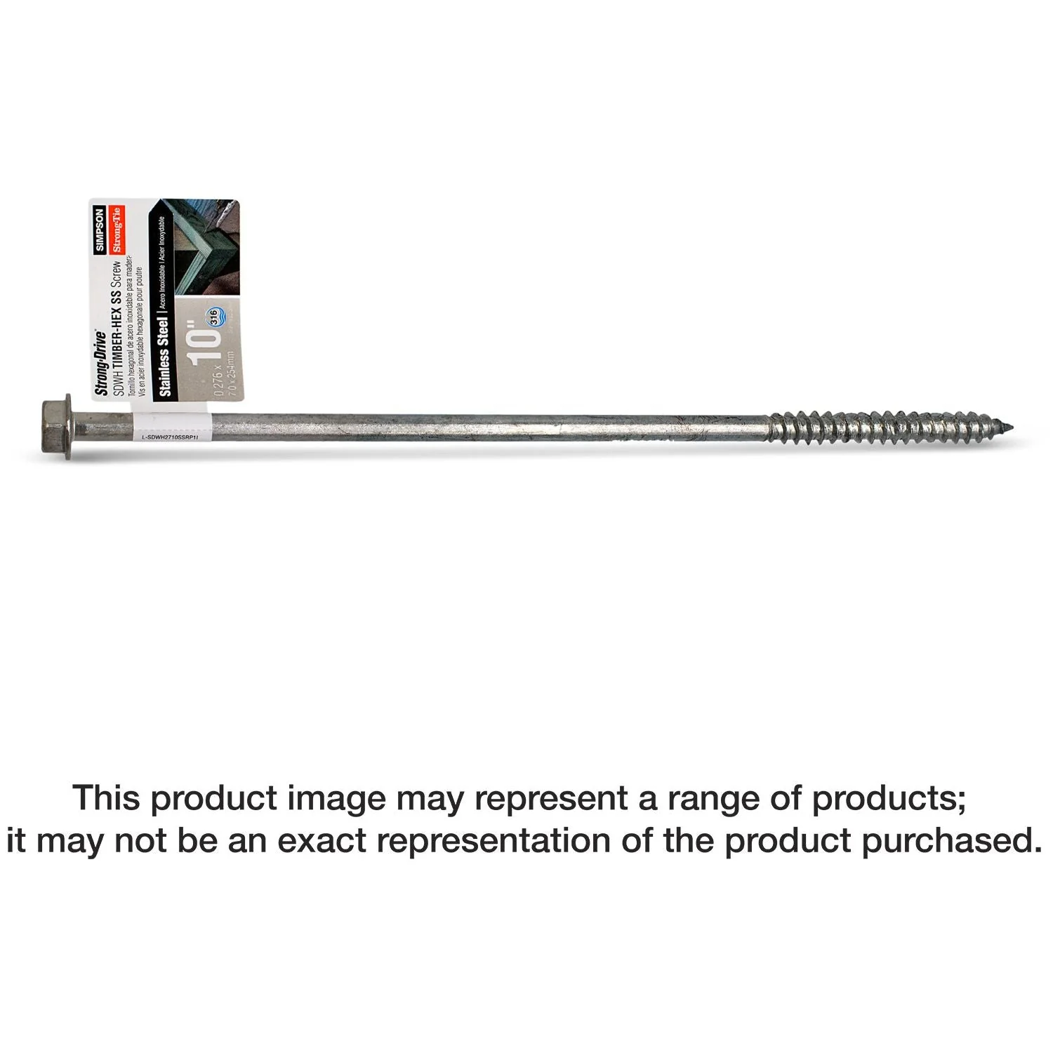 Simpson Strong-Tie SDWH271000SS-R25 Strong-Drive SDWH TIMBER-HEX SS Screw,  0.275-in. x 10-in. 1/2 Hex, Type 316, 25-Pack - Image 1