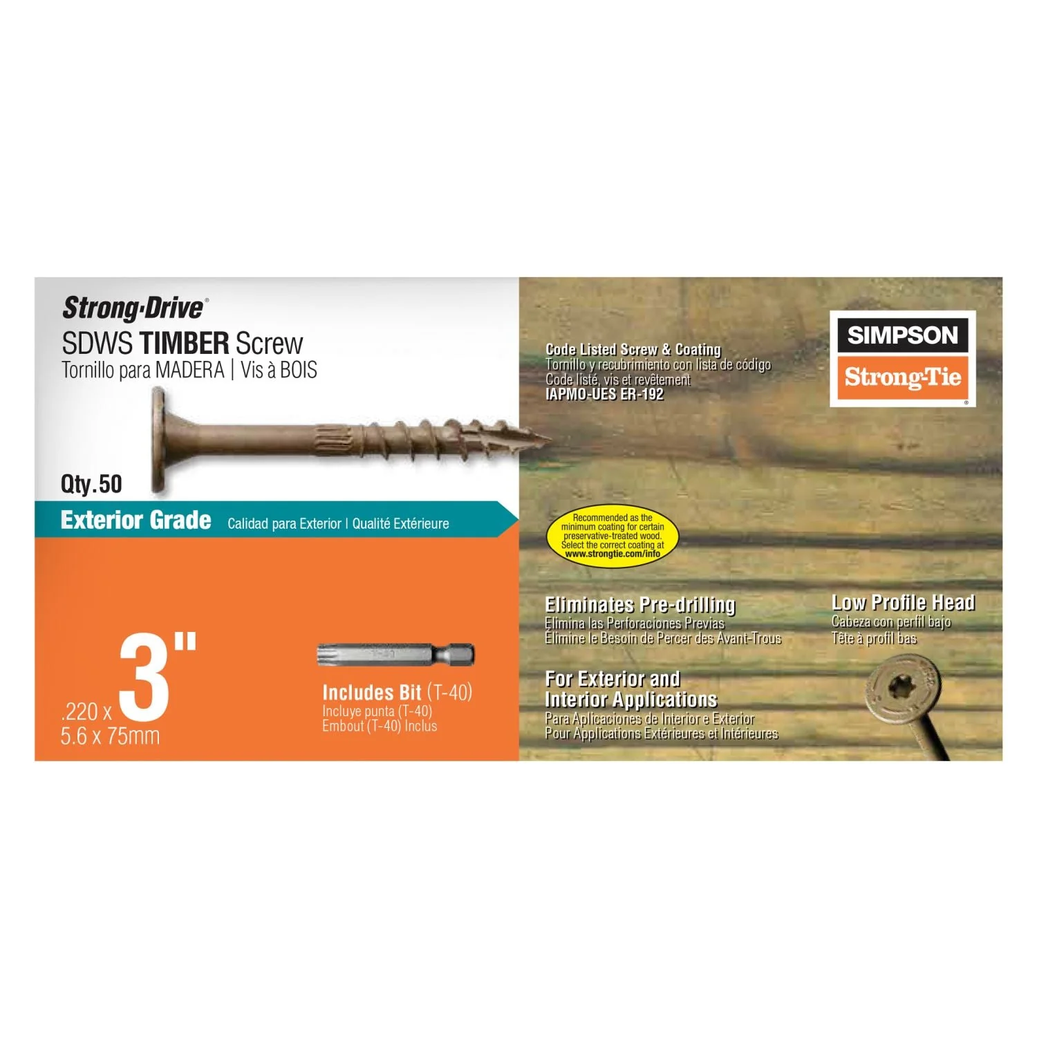 Simpson Strong-Tie Strong-Drive SDWS TIMBER Exterior Grade Screw, 0.220-in. x 3-in. T40, Tan, 50-Pack (SDWS22300DB-R50) - Image 2