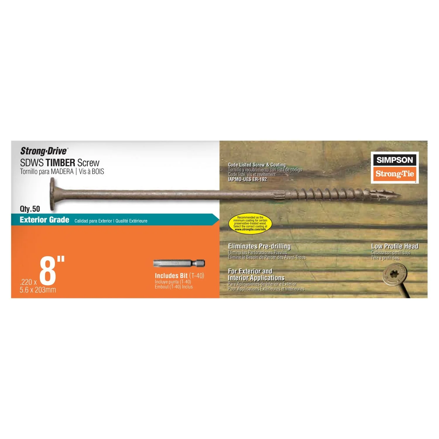 Simpson Strong-Tie Strong-Drive SDWS Timber Exterior Grade Screw, 0.220-in. x 8-in. T40, Tan, 50-Pack (SDWS22800DB-R50) - Image 3