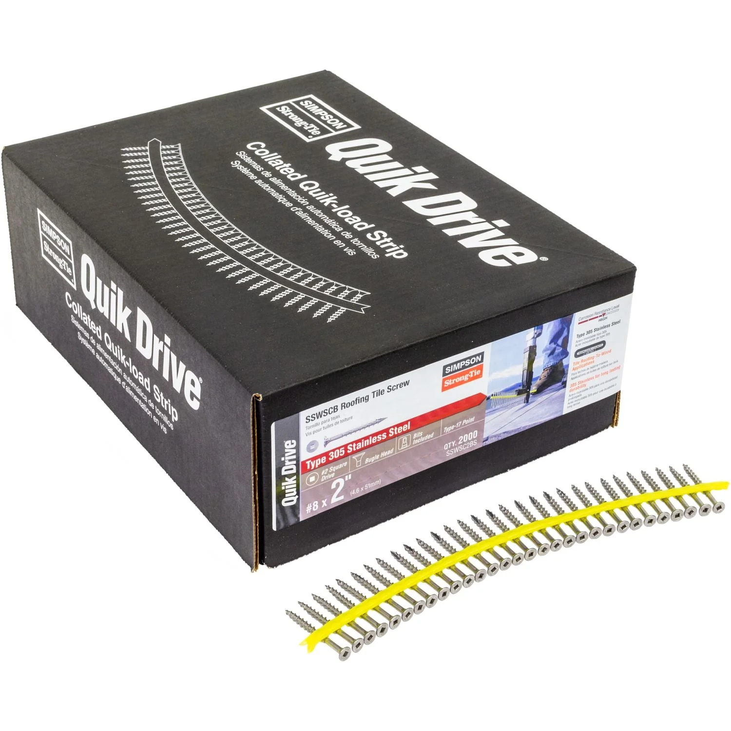 Simpson Strong-Tie SSWSC2BS SSWSCB Roofing Tile Screw (Collated),  #8 x 2-in. #2 Square, Type 305, 2000-Pack - Image 2