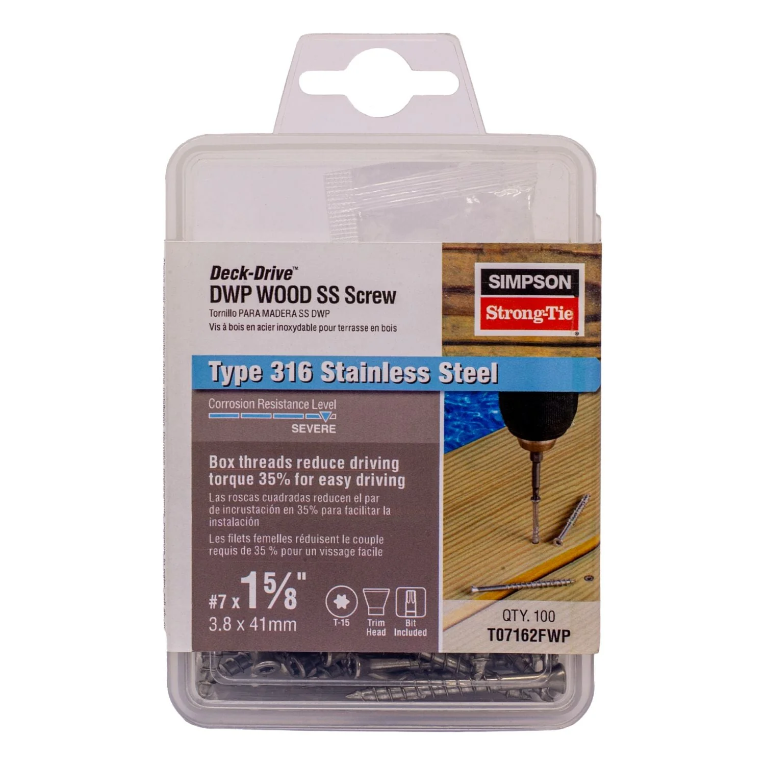 Simpson Strong-Tie T07162FWP Deck-Drive DWP WOOD SS Screw,  #7 x 1-5/8-in. T-15, Trim Head, Type 316, 100-Pack - Image 2