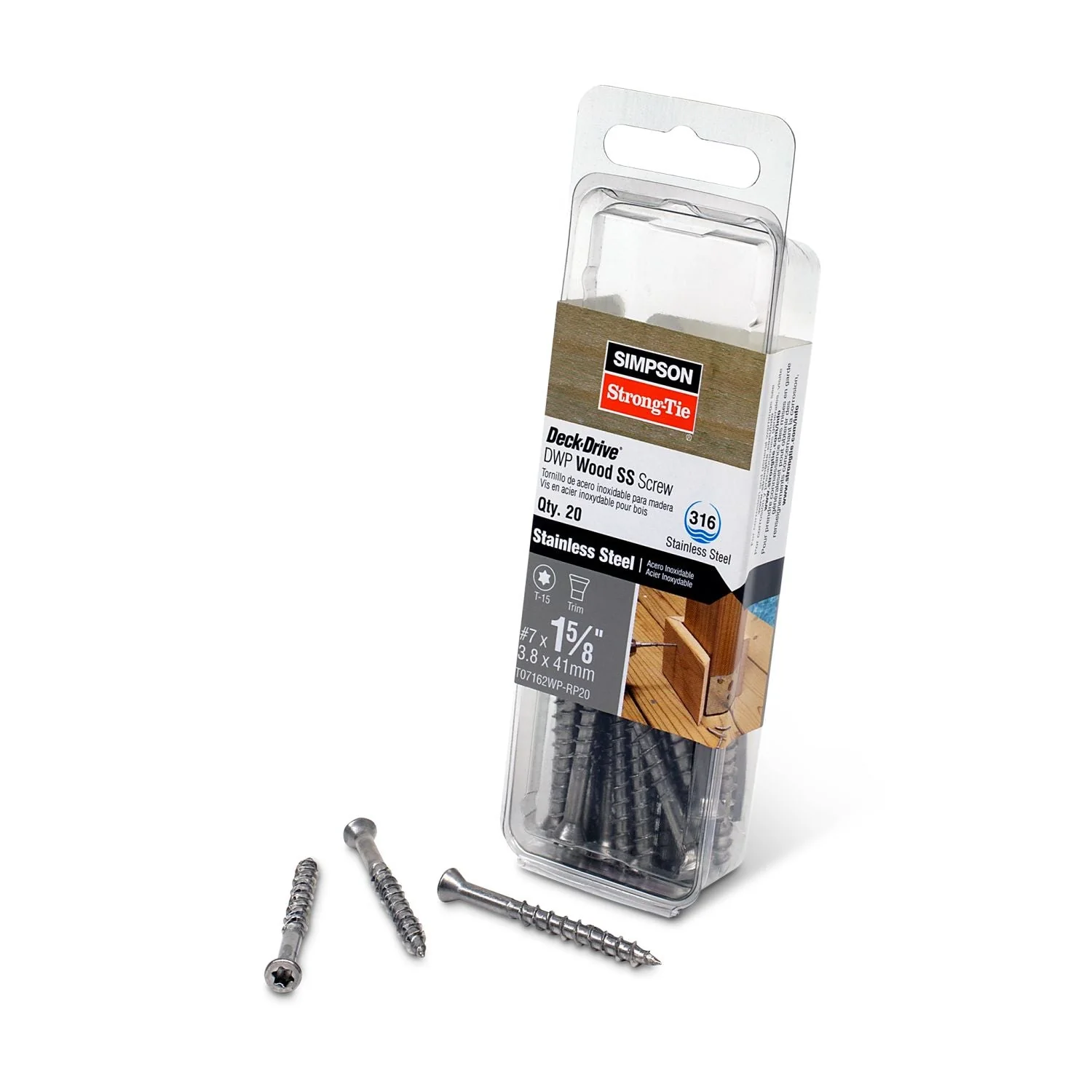 Simpson Strong-Tie T07162WP-RP20 Deck-Drive DWP WOOD SS Screw,  #7 x 1-5/8-in. T-15, Trim Head, Type 316, 20-Pack - Image 2