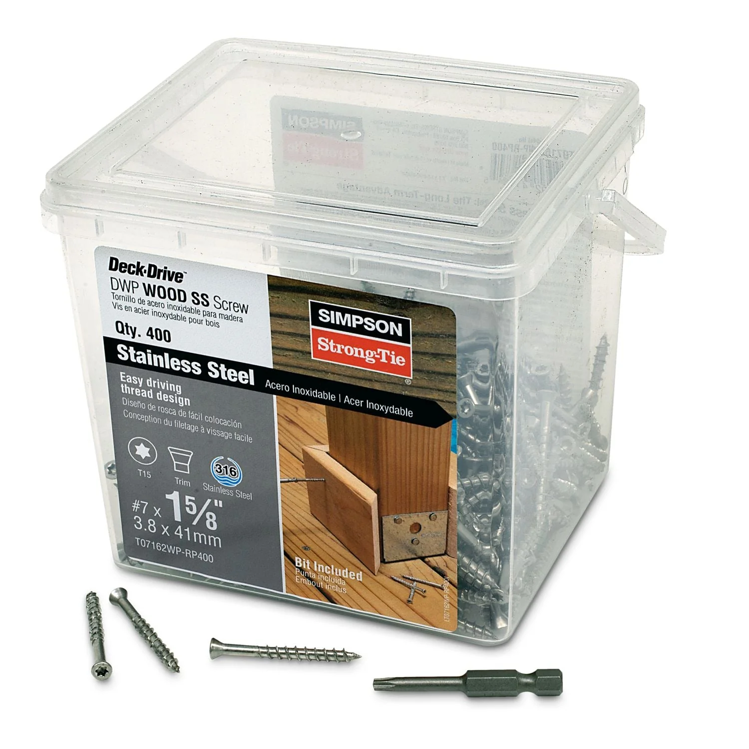 Simpson Strong-Tie T07162WP-RP400 Deck-Drive DWP WOOD SS Screw,  #7 x 1-5/8-in. T-15, Trim Head, Type 316, 400-Pack - Image 2