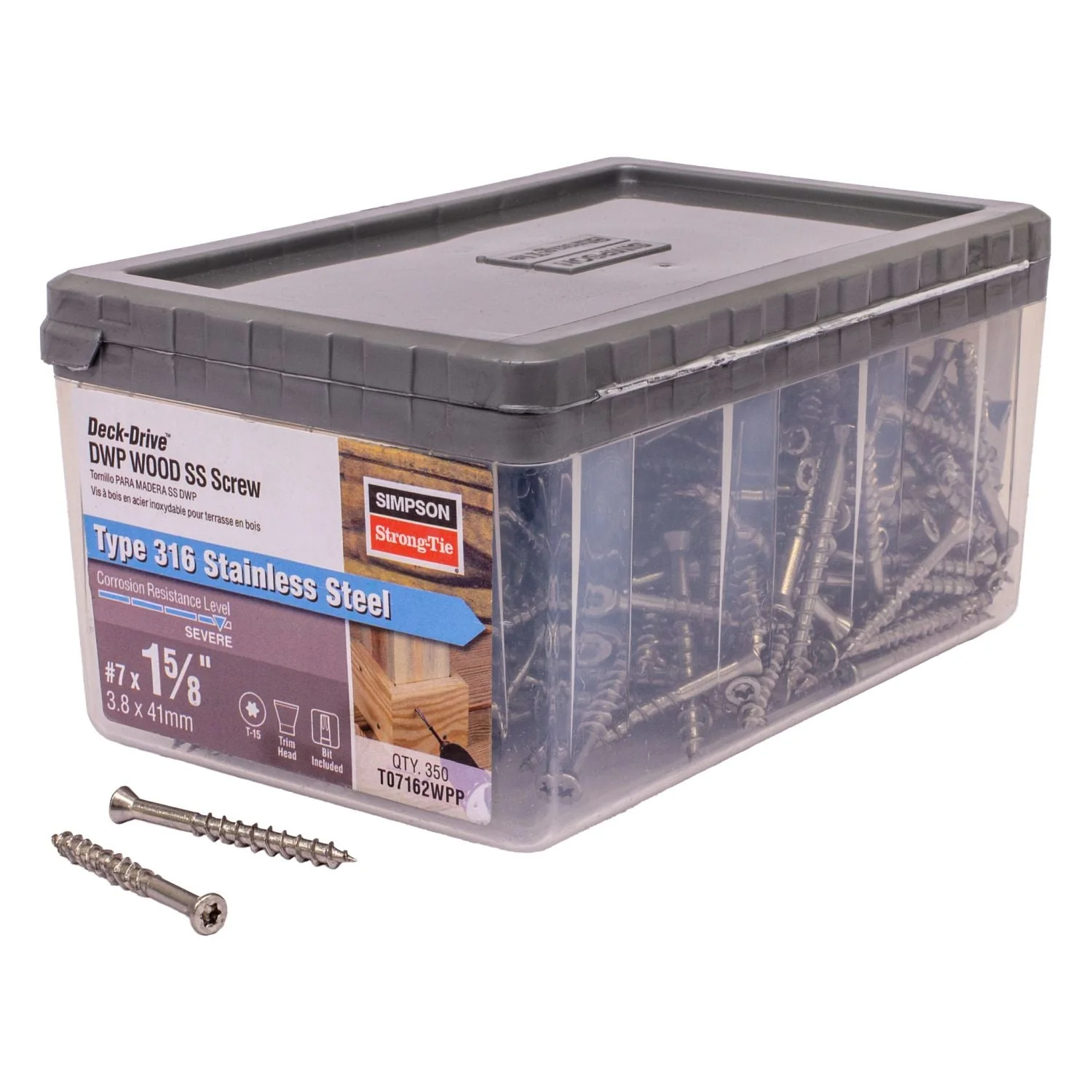 Simpson Strong-Tie T07162WPP Deck-Drive DWP WOOD SS Screw,  #7 x 1-5/8-in. T-15, Trim Head, Type 316, 350-Pack - Image 2