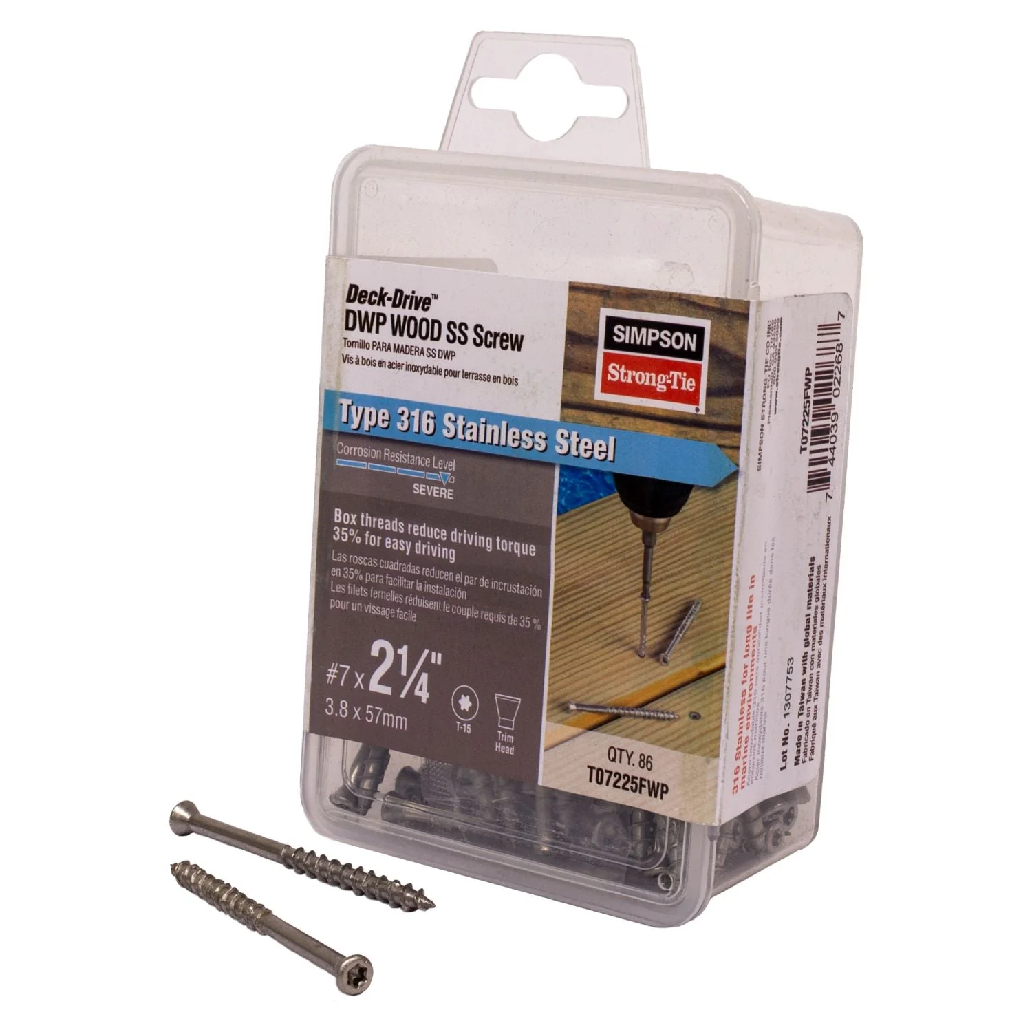 Simpson Strong-Tie T07225FWP Deck-Drive DWP WOOD SS Screw,  #7 x 2-1/4-in. T-15, Trim Head, Type 316, 86-Pack - Image 2