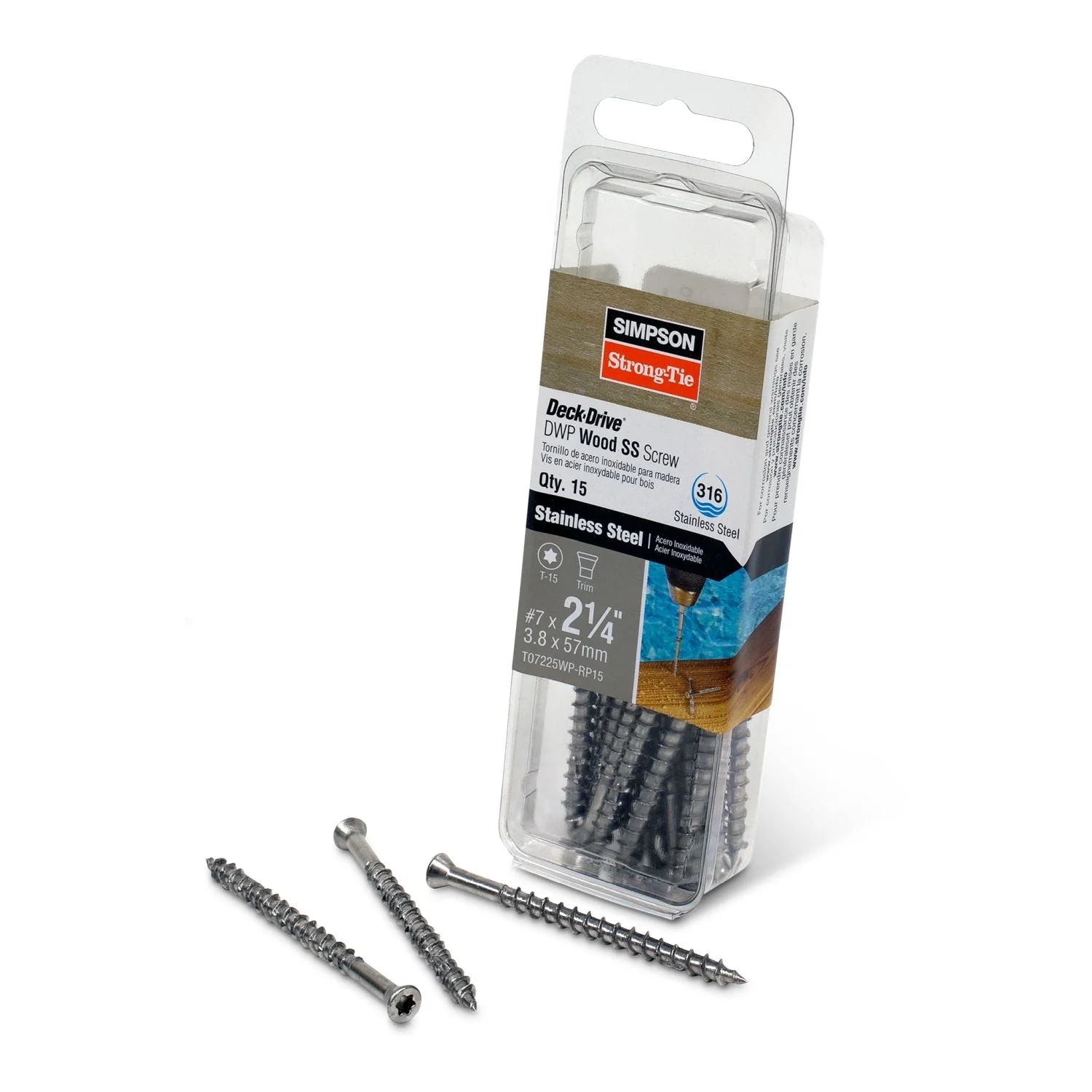 Simpson Strong-Tie T07225WP-RP15 Deck-Drive DWP WOOD SS Screw,  #7 x 2-1/4-in. T-15, Trim Head, Type 316, 15-Pack - Image 2