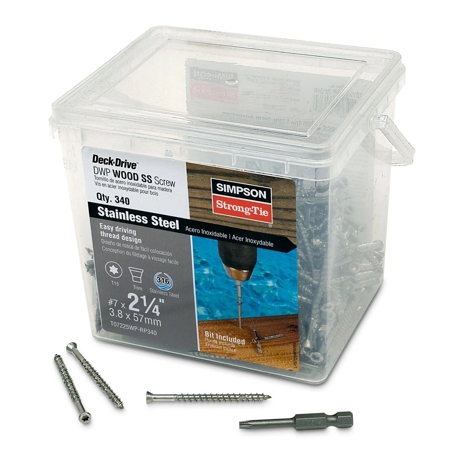 Simpson Strong-Tie T07225WP-RP340 Deck-Drive DWP WOOD SS Screw,  #7 x 2-1/4-in. T-15, Trim Head, Type 316, 340-Pack - Image 2