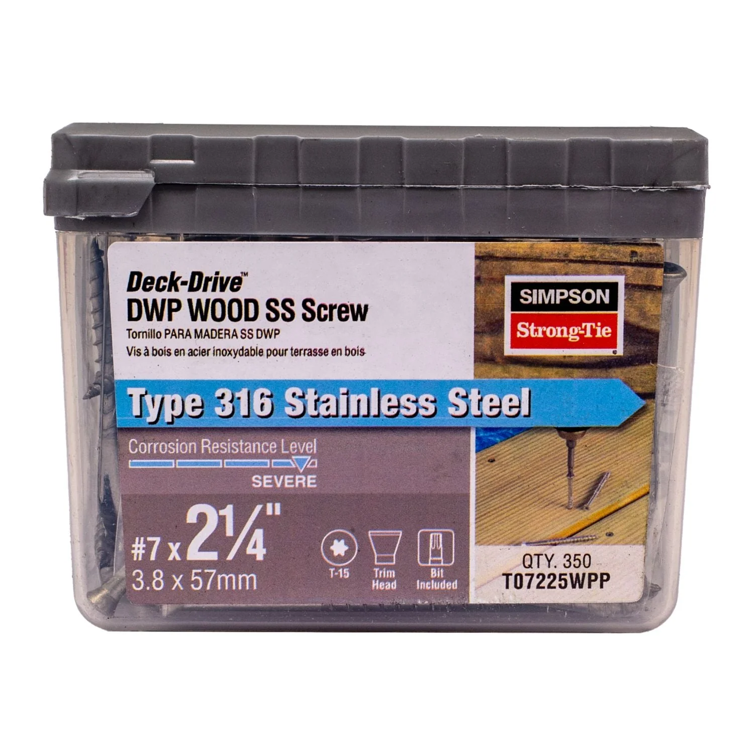 Simpson Strong-Tie T07225WPP Deck-Drive DWP WOOD SS Screw,  #7 x 2-1/4-in. T-15, Trim Head, Type 316, 350-Pack - Image 2