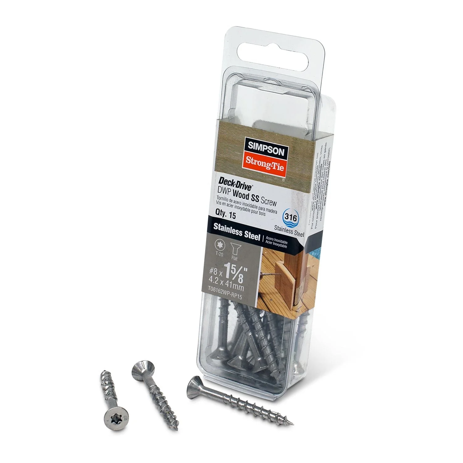 Simpson Strong-Tie T08162WP-RP15 Deck-Drive DWP WOOD SS Screw,  #8 x 1-5/8-in. T20, Flat Head, Type 316, 15-Pack - Image 2