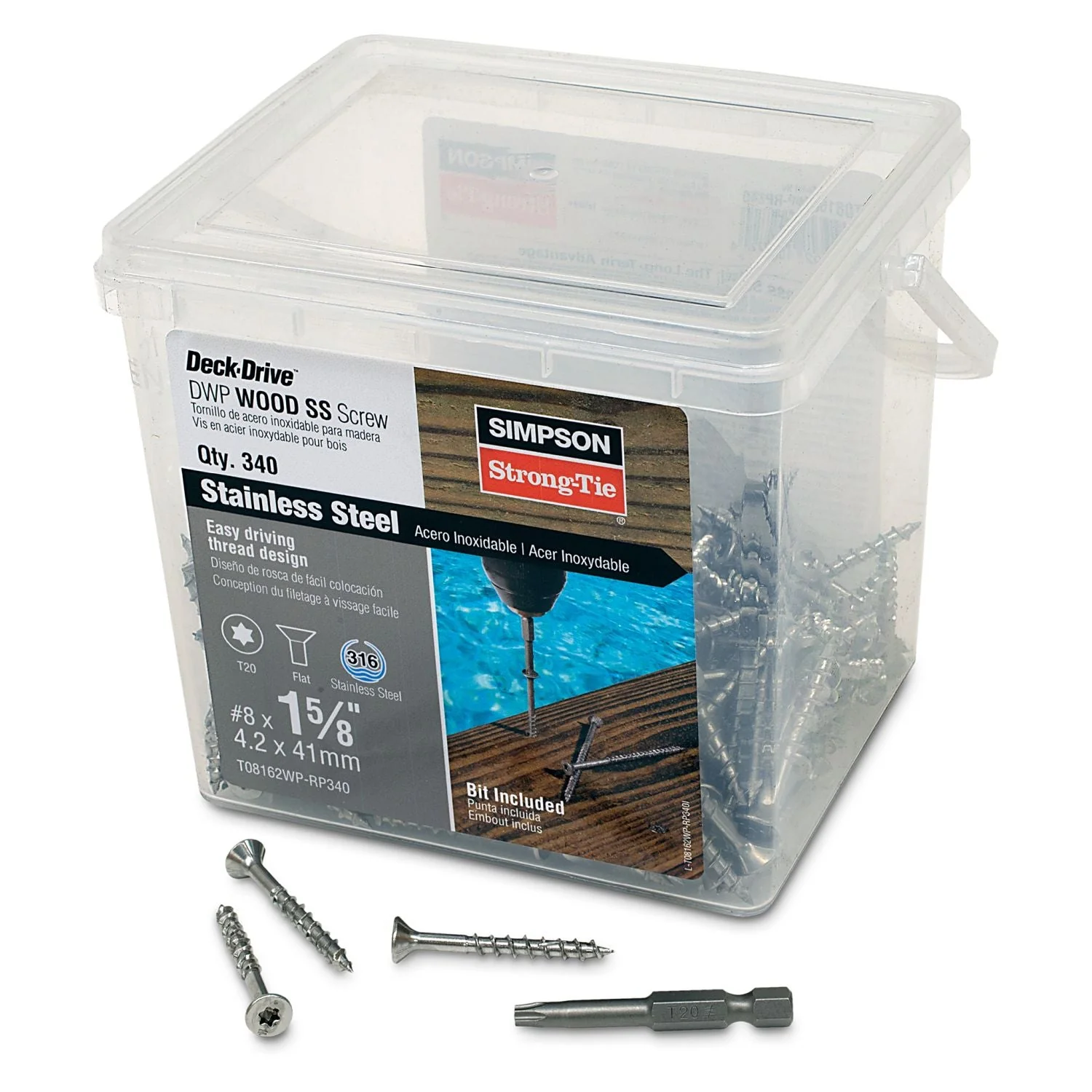 Simpson Strong-Tie T08162WP-RP340 Deck-Drive DWP WOOD SS Screw,  #8 x 1-5/8-in. T20, Flat Head, Type 316, 340-Pack - Image 2