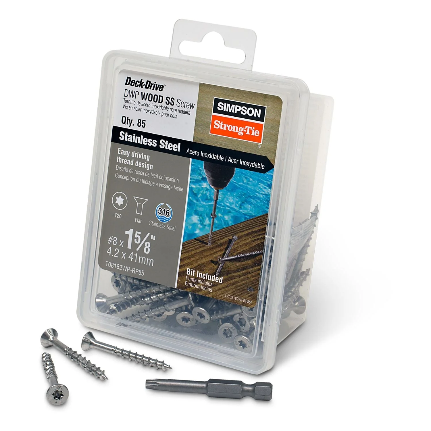 Simpson Strong-Tie T08162WP-RP85 Deck-Drive DWP WOOD SS Screw,  #8 x 1-5/8-in. T20, Flat Head, Type 316, 85-Pack - Image 2