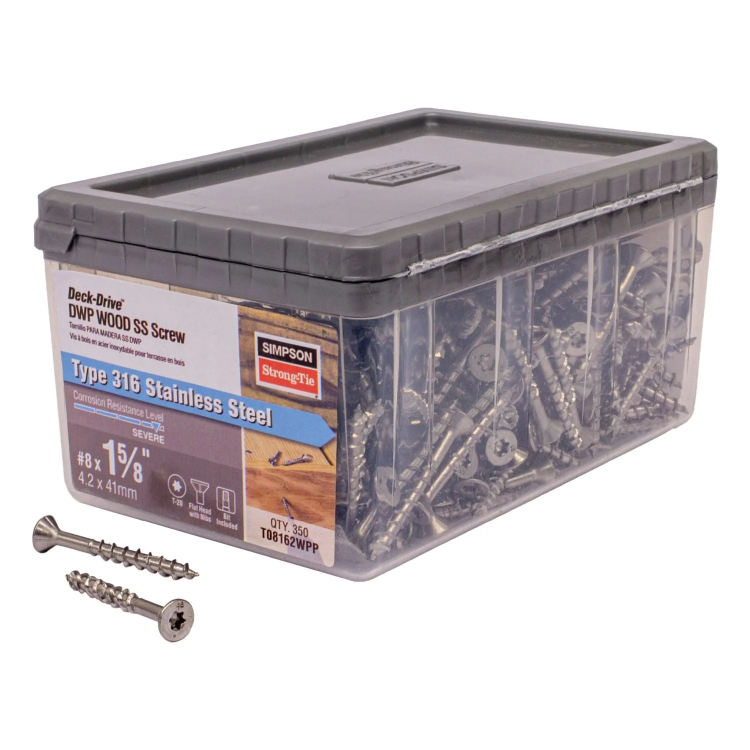 Simpson Strong-Tie T08162WPP Deck-Drive DWP WOOD SS Screw,  #8 x 1-5/8-in. T20, Flat Head, Type 316, 350-Pack - Image 2