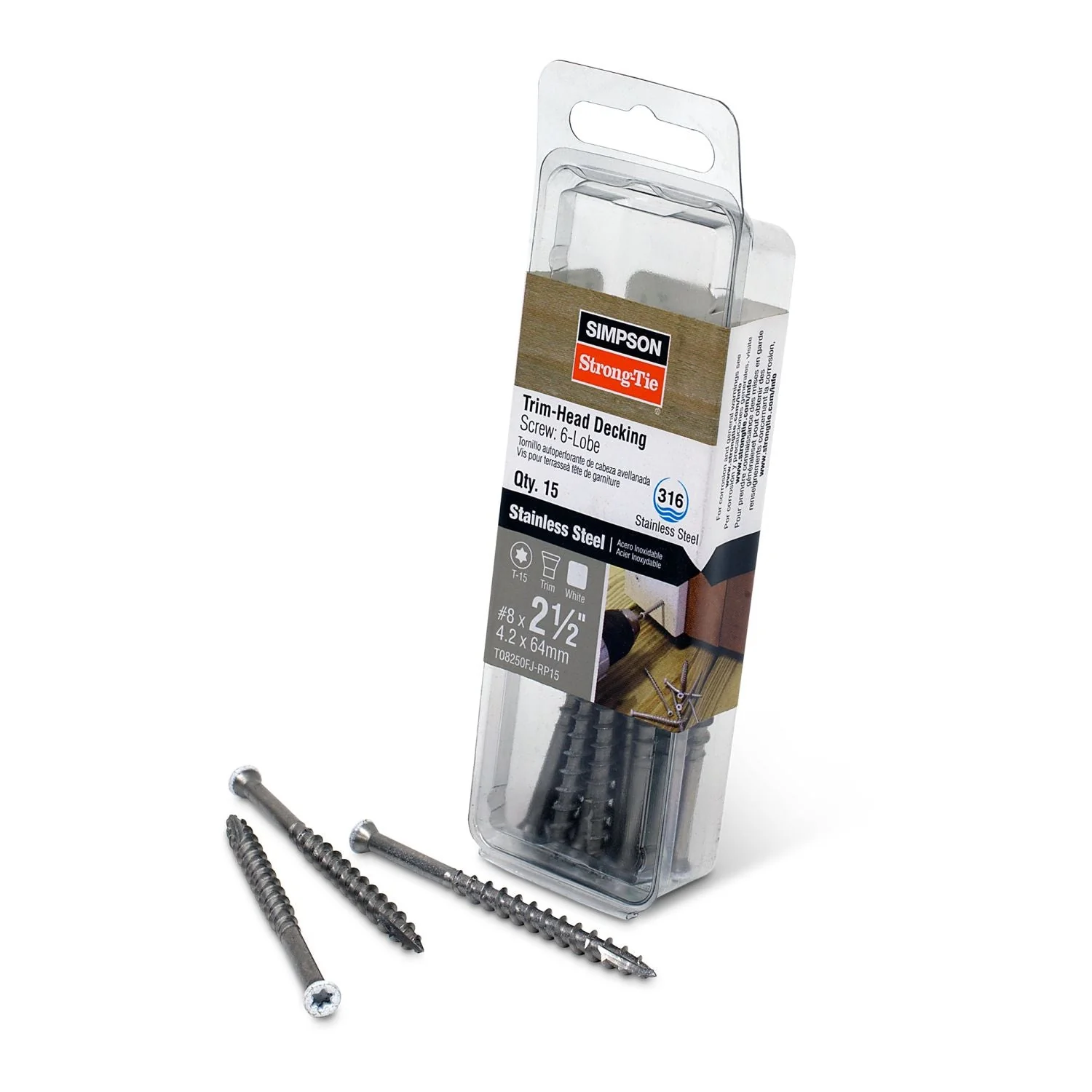 Simpson Strong-Tie T08250FJ-RP15 Trim-Head Screw, 6-Lobe Drive,  #8 x 2-1/2-in. T-15 Type 316, White 01, 15-Pack - Image 2