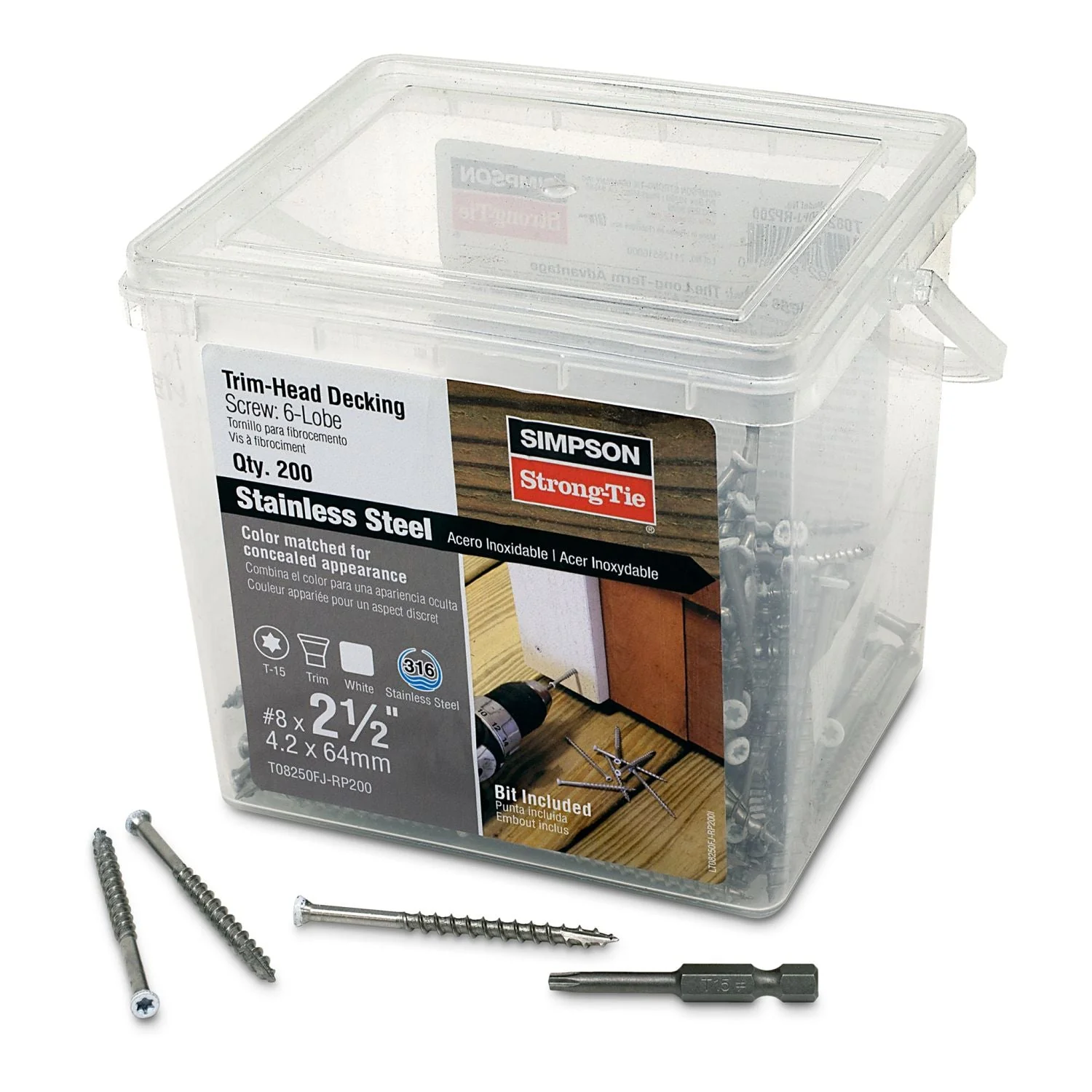 Simpson Strong-Tie T08250FJ-RP200 Trim-Head Screw, 6-Lobe Drive,  #8 x 2-1/2-in. T-15 Type 316, White 01, 200-Pack - Image 2