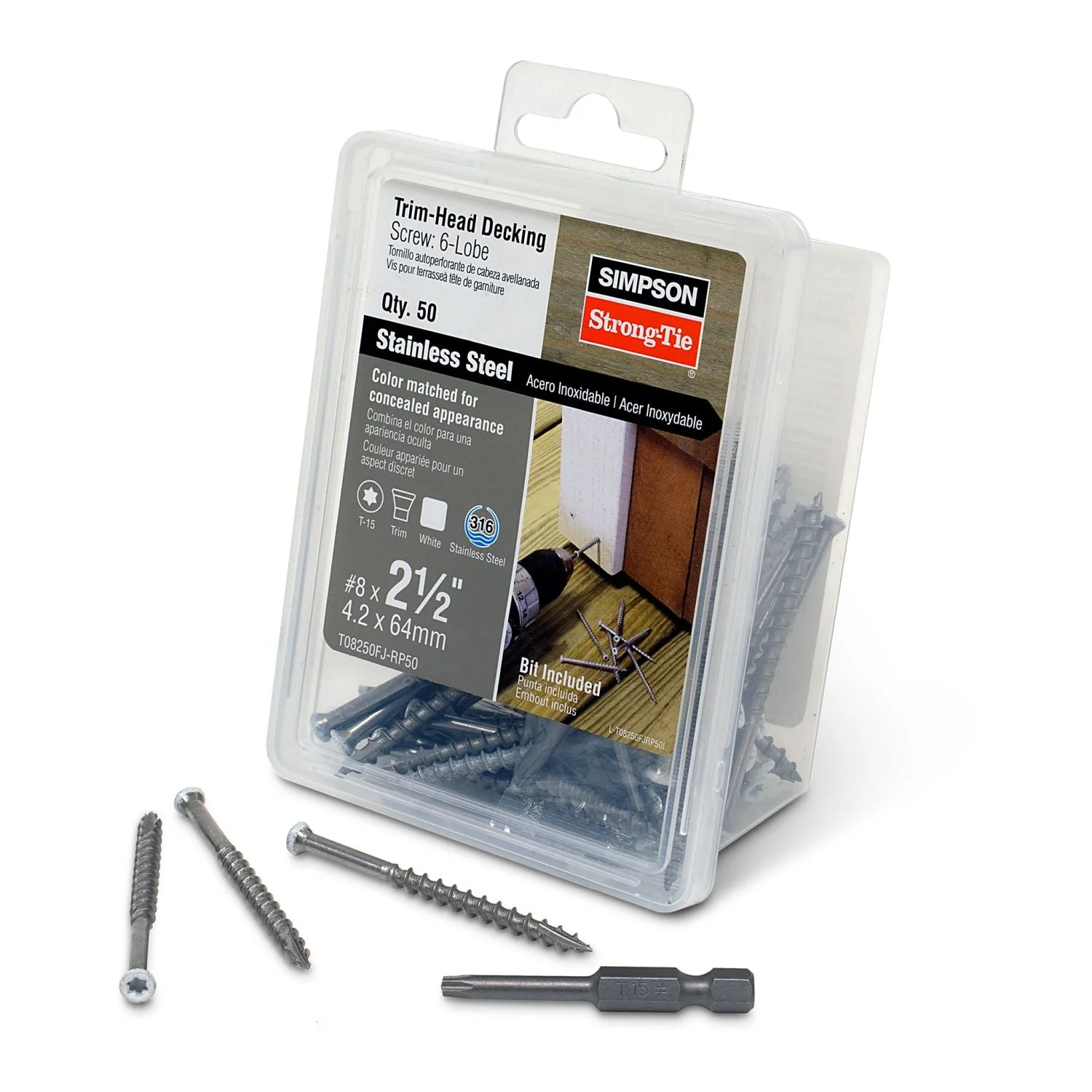 Simpson Strong-Tie T08250FJ-RP50 Trim-Head Screw, 6-Lobe Drive,  #8 x 2-1/2-in. T-15 Type 316, White 01, 50-Pack - Image 2