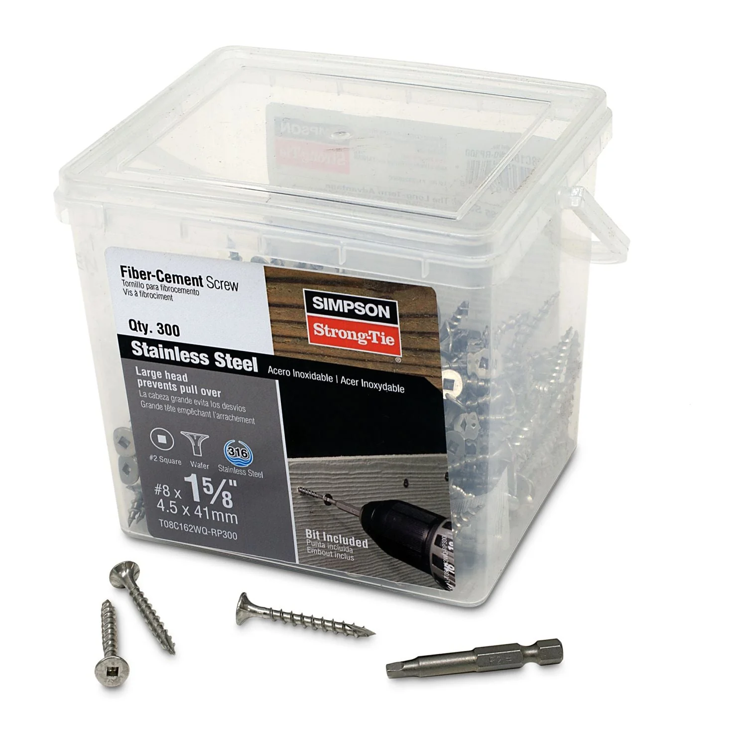 Simpson Strong-Tie T08C162WQ-RP300 Fiber-Cement Screw,  #8 x 1-5/8-in. #2 Square Wafer-Head, Type 316, 300-Pack - Image 2
