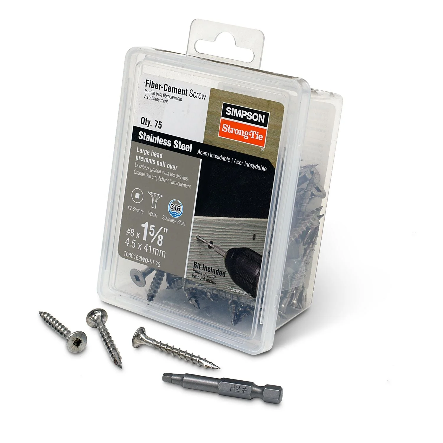Simpson Strong-Tie T08C162WQ-RP75 Fiber-Cement Screw,  #8 x 1-5/8-in. #2 Square Wafer-Head, Type 316, 75-Pack - Image 2