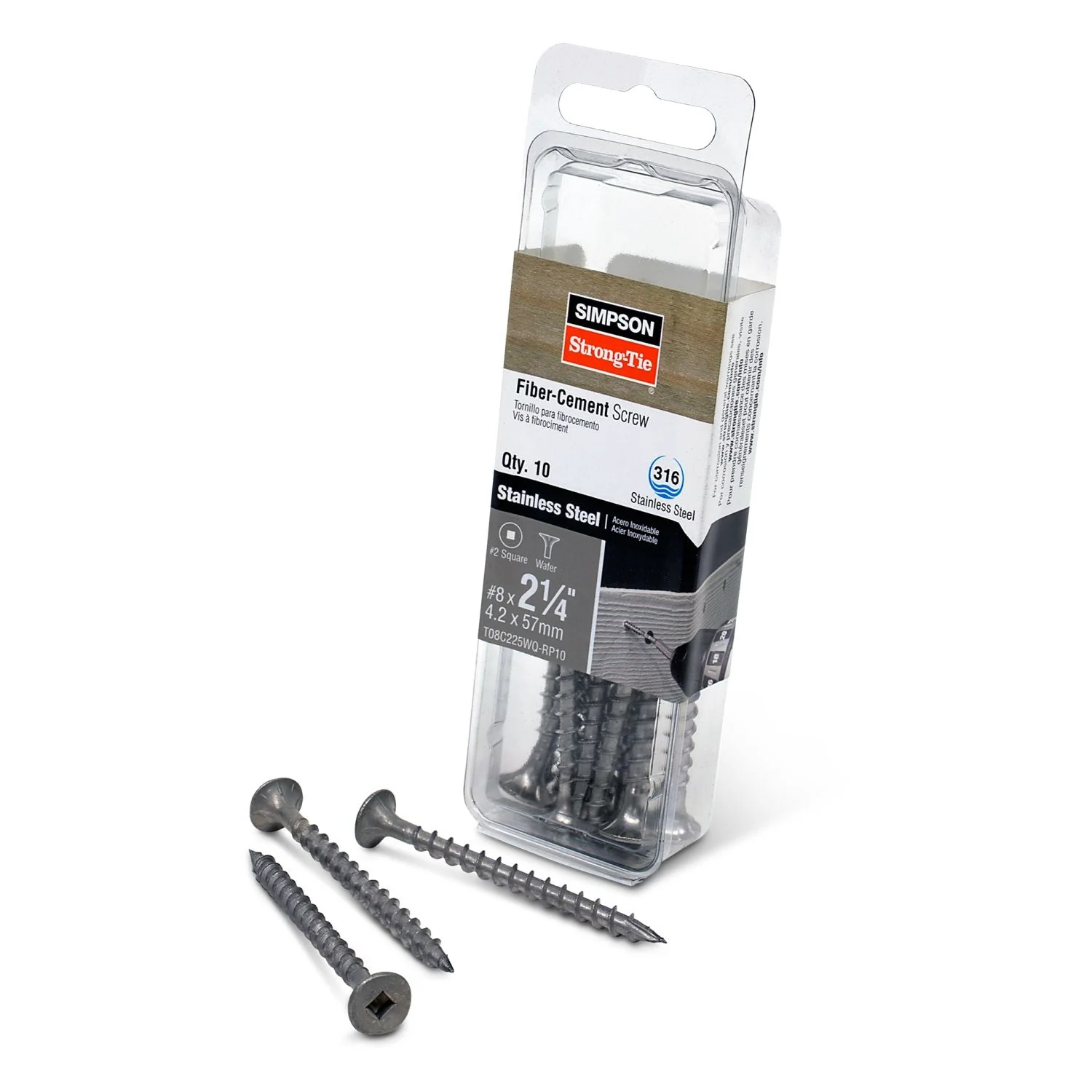 Simpson Strong-Tie T08C225WQ-RP10 Fiber-Cement Screw,  #8 x 2-1/4-in. #2 Square Wafer-Head, Type 316, 10-Pack - Image 2