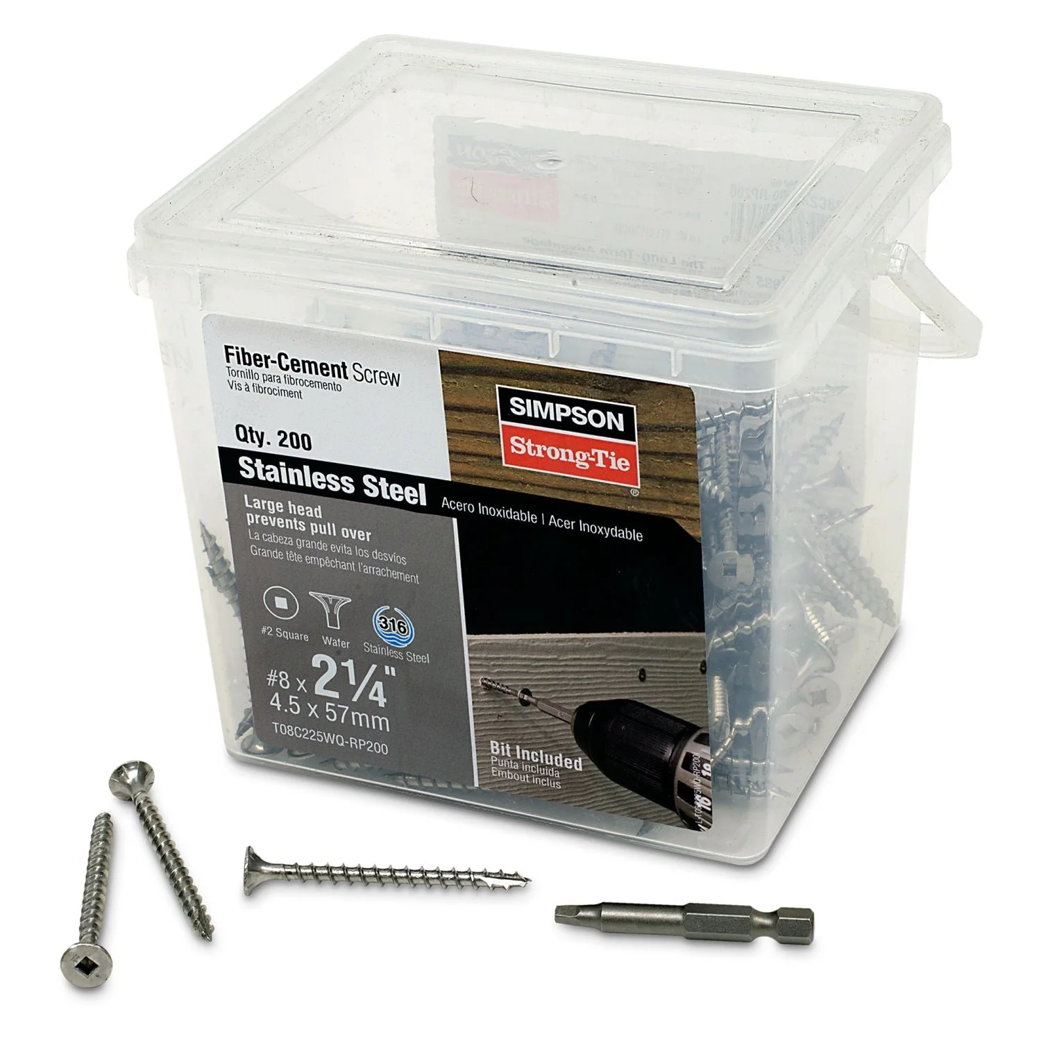 Simpson Strong-Tie T08C225WQ-RP200 Fiber-Cement Screw,  #8 x 2-1/4-in. #2 Square Wafer-Head, Type 316, 200-Pack - Image 2