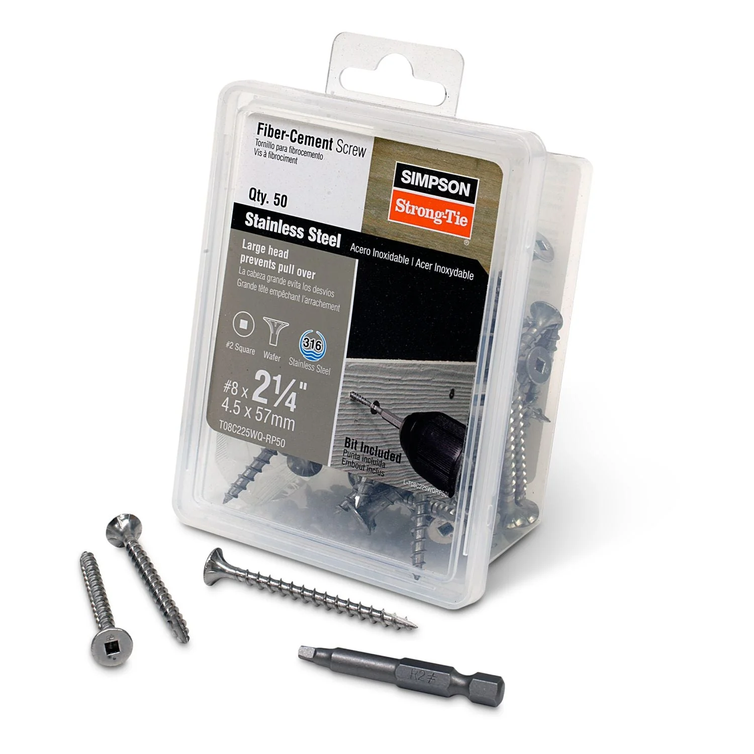 Simpson Strong-Tie T08C225WQ-RP50 Fiber-Cement Screw,  #8 x 2-1/4-in. #2 Square Wafer-Head, Type 316, 50-Pack - Image 2