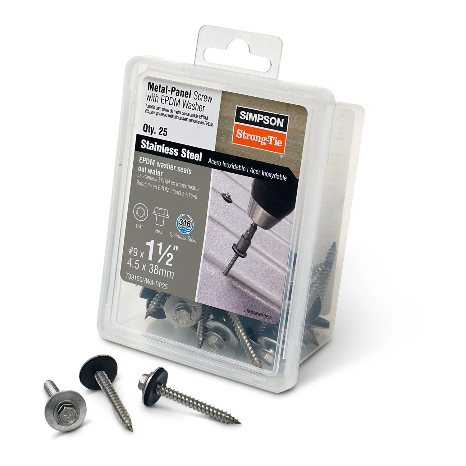 Simpson Strong-Tie T09150HWA-RP25 Metal-Panel Screw with EPDM Washer,  #9 x 1-1/2-in. Hex Head, Type 316, 25-Pack - Image 2