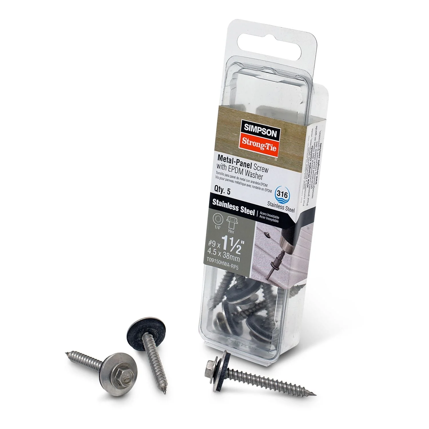 Simpson Strong-Tie T09150HWA-RP5 Metal-Panel Screw with EPDM Washer,  #9 x 1-1/2-in. Hex Head, Type 316, 5-Pack - Image 2