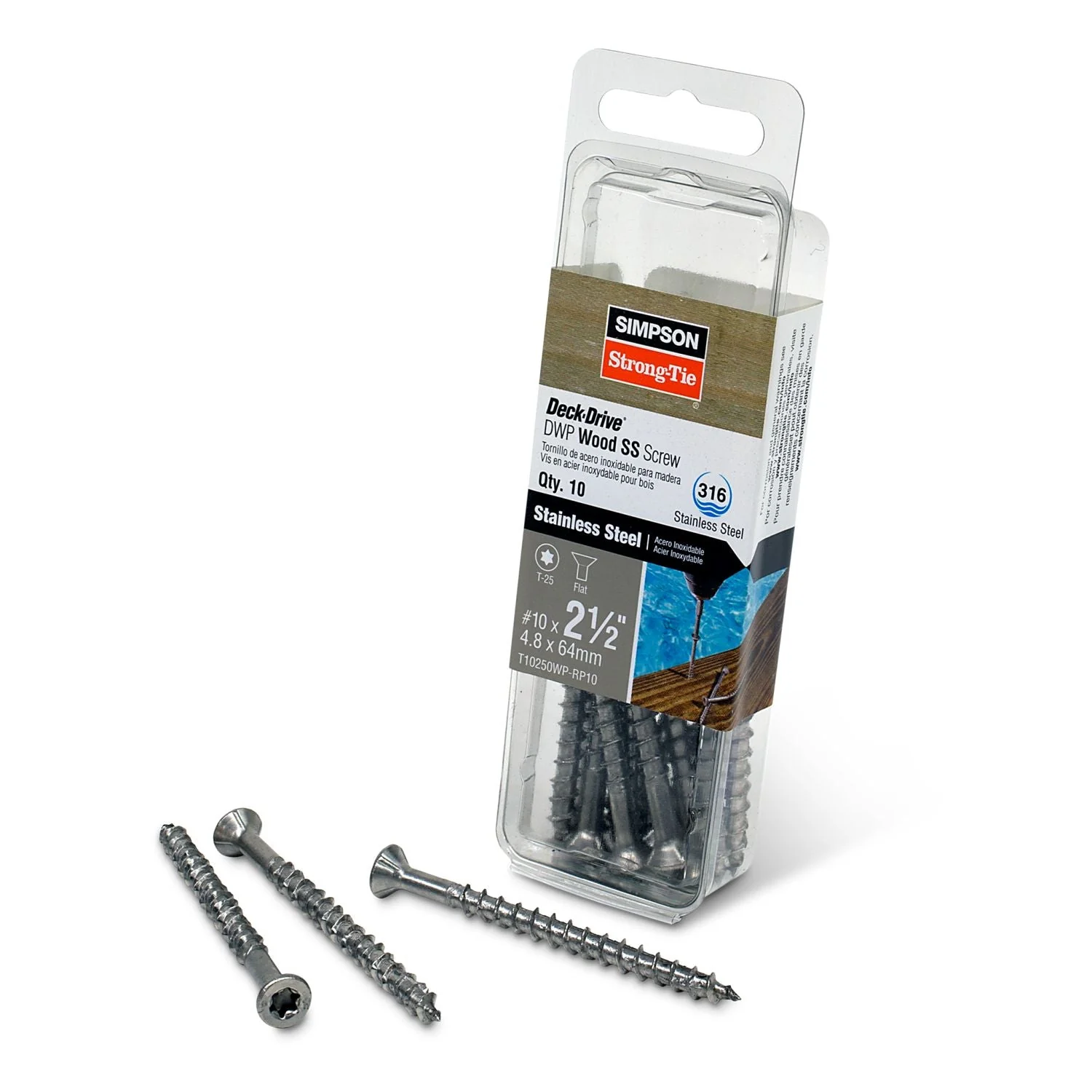 Simpson Strong-Tie T10250WP-RP10 Deck-Drive DWP WOOD SS Screw,  #10 x 2-1/2-in. T25, Flat Head, Type 316, 10-Pack - Image 2