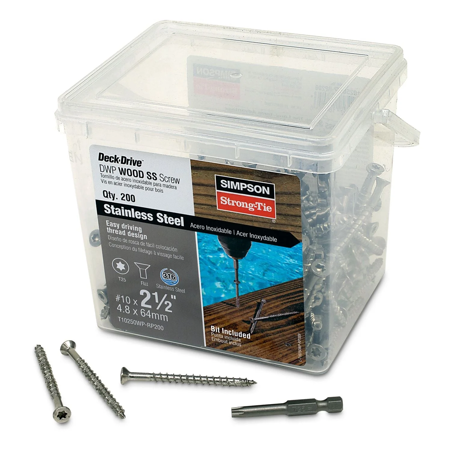 Simpson Strong-Tie T10250WP-RP200 Deck-Drive DWP WOOD SS Screw,  #10 x 2-1/2-in. T25, Flat Head, Type 316, 200-Pack - Image 2