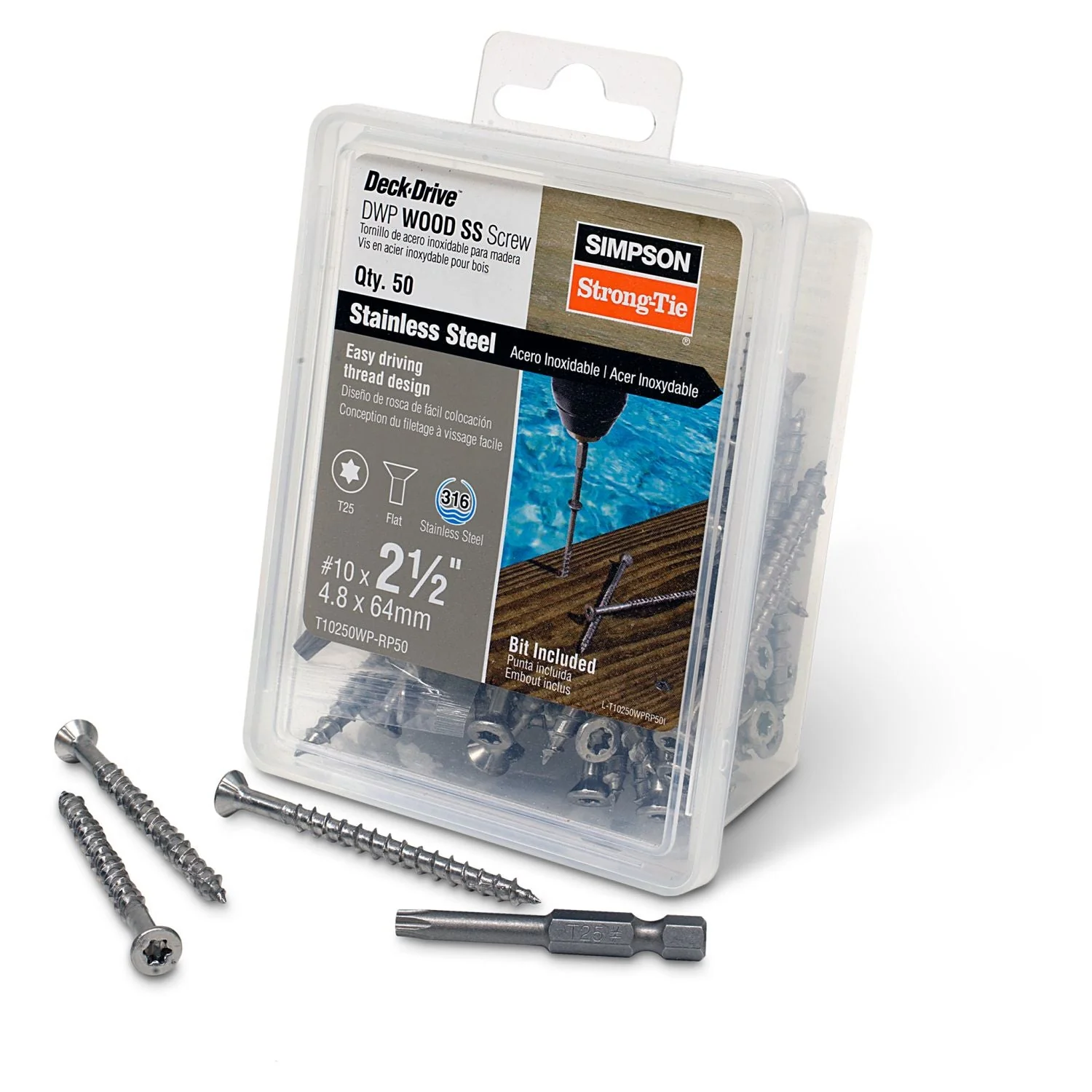Simpson Strong-Tie T10250WP-RP50 Deck-Drive DWP WOOD SS Screw,  #10 x 2-1/2-in. T25, Flat Head, Type 316, 50-Pack - Image 2