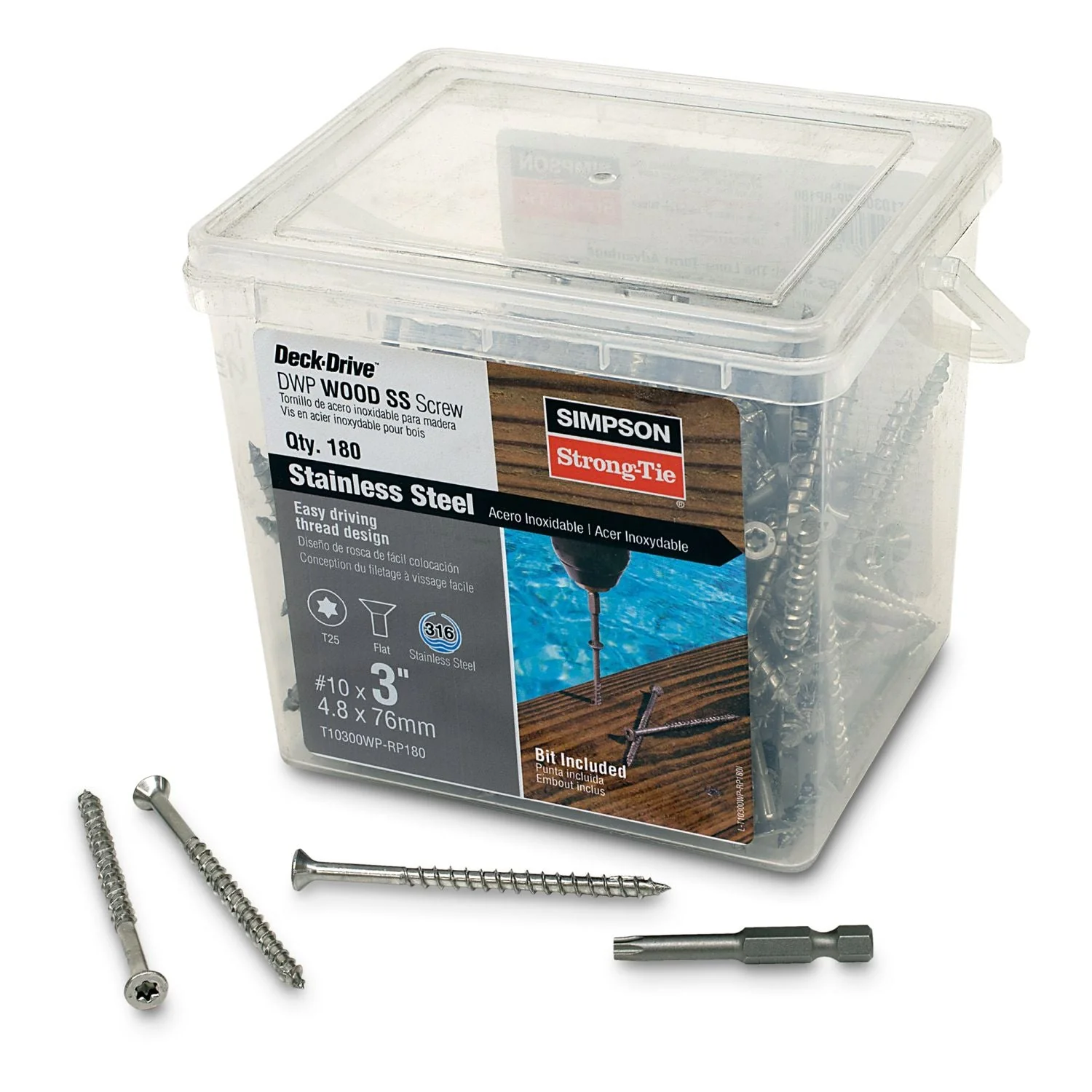 Simpson Strong-Tie T10300WP-RP180 Deck-Drive DWP WOOD SS Screw,  #10 x 3-in. T25, Flat Head, Type 316, 180-Pack - Image 2