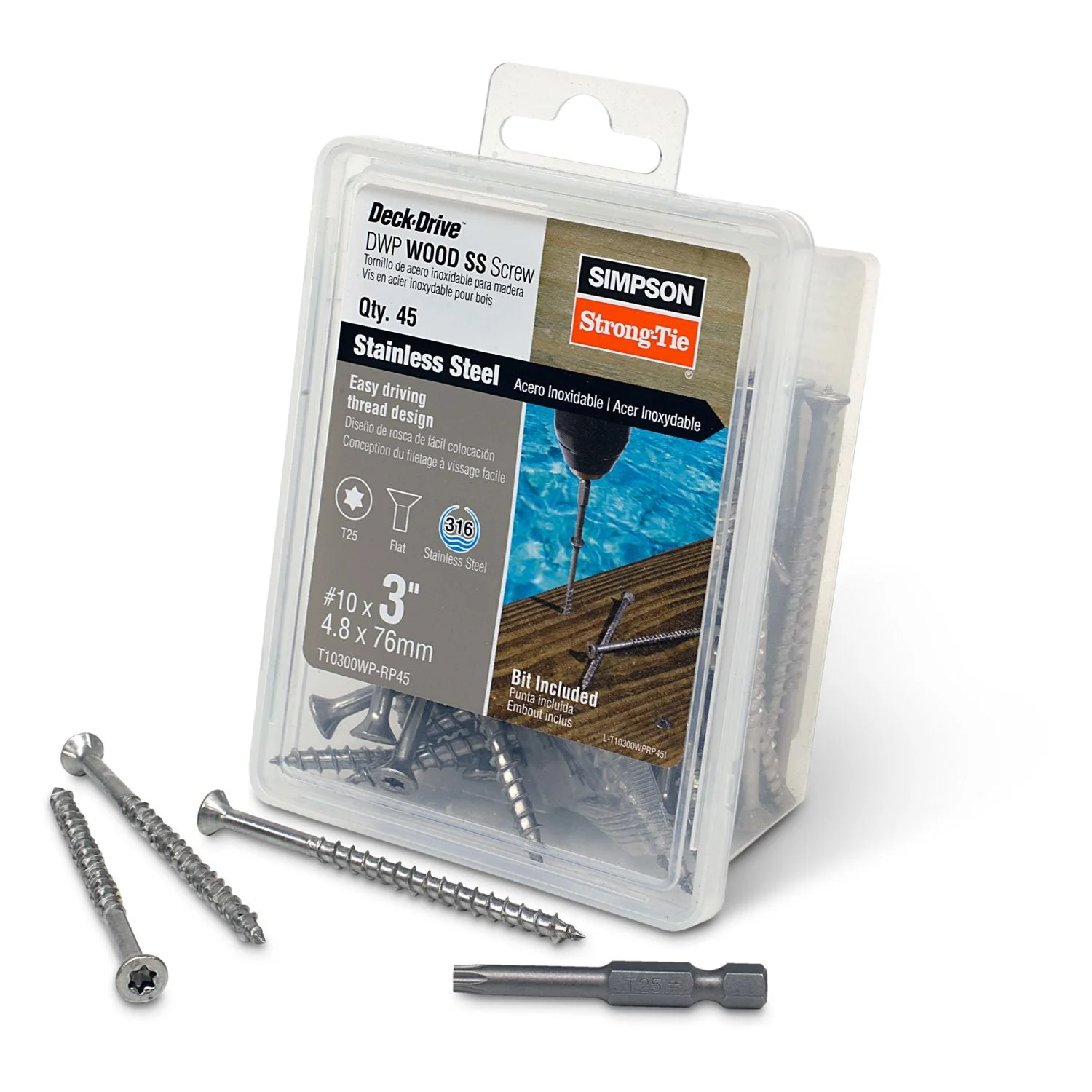 Simpson Strong-Tie T10300WP-RP45 Deck-Drive DWP WOOD SS Screw,  #10 x 3-in. T-25, Flat Head, Type 316, 45-Pack - Image 2