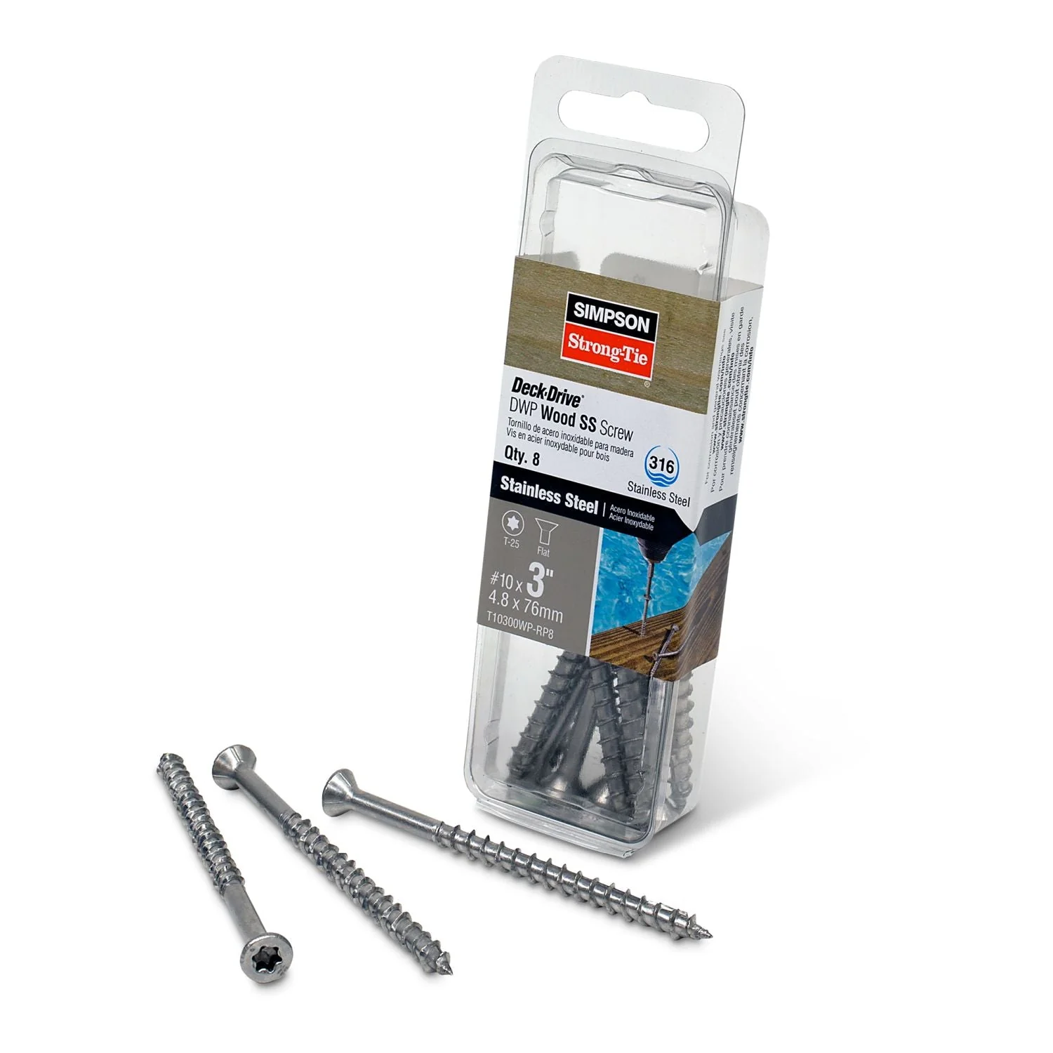 Simpson Strong-Tie T10300WP-RP8 Deck-Drive DWP WOOD SS Screw,  #10 x 3-in. T-25, Flat Head, Type 316, 8-Pack - Image 2