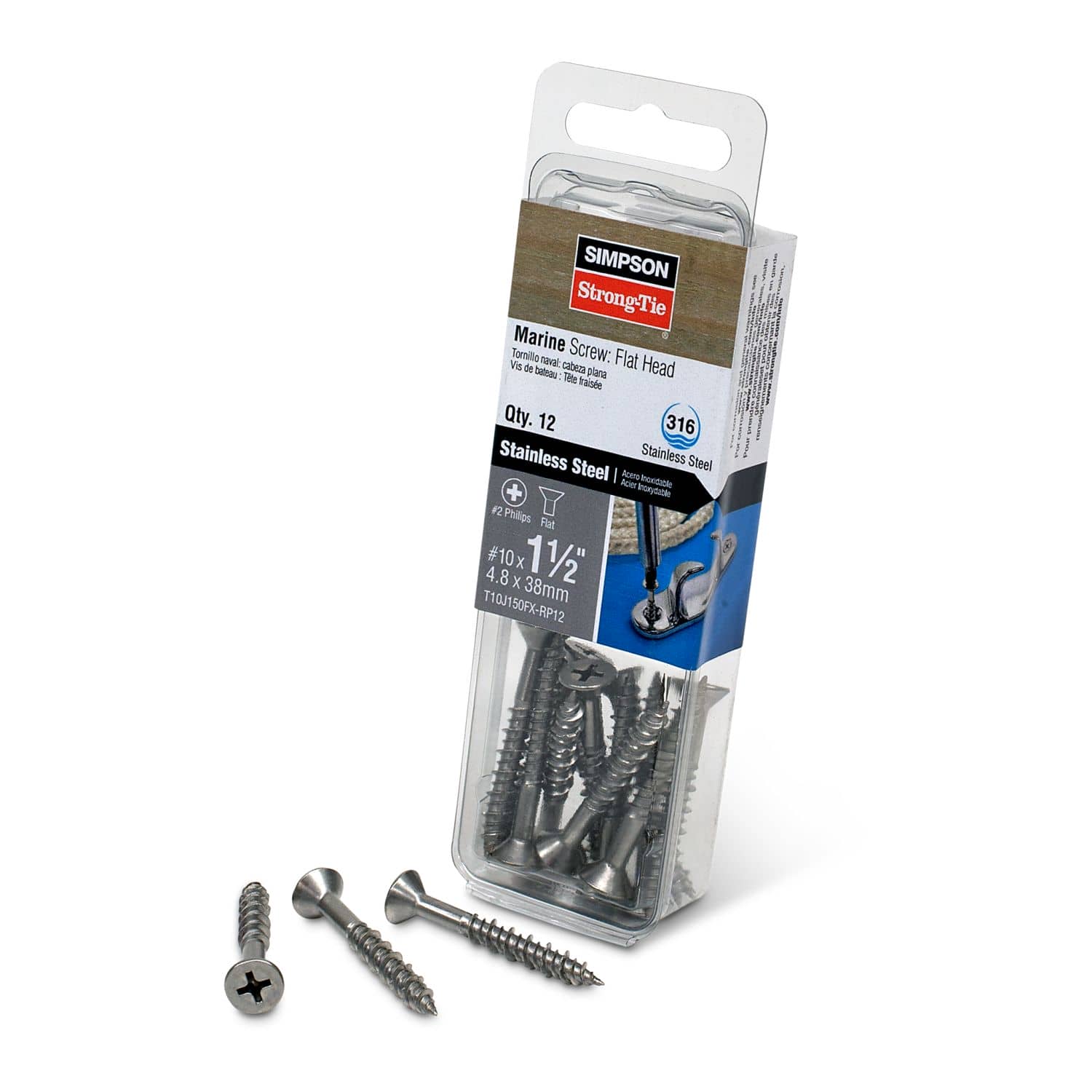 Simpson Strong-Tie T10J150FX-RP12 Marine Screw, Flat Head,  #10 x 1-1/2-in. #2 Phillips Drive, Type 316, 12-Pack - Image 2