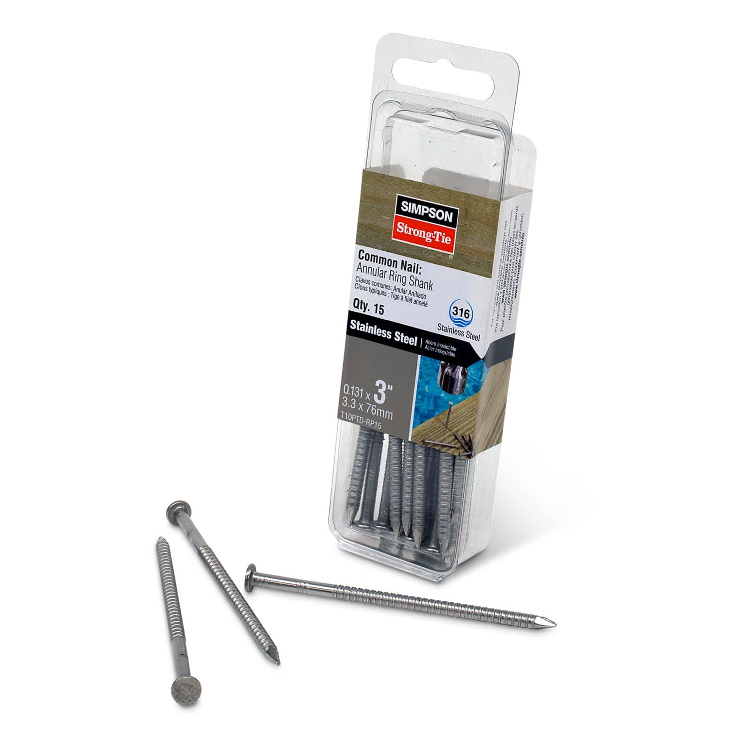 Simpson Strong-Tie T10PTD-RP15 Preservative-Treated Wood Decking Nail, Ring Shank,  3-in. x .131-in. Type 316, 15-Pack - Image 2
