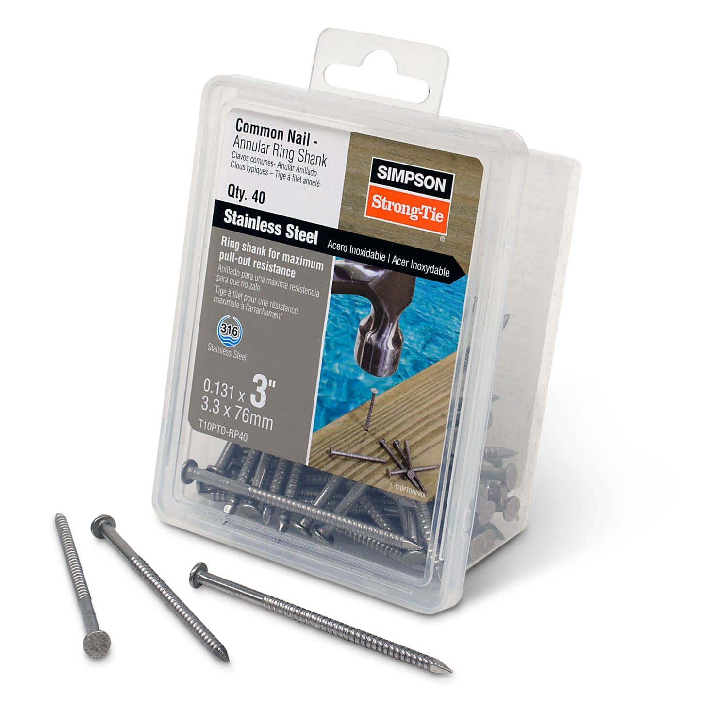 Simpson Strong-Tie T10PTD-RP40 Preservative-Treated Wood Decking Nail, Ring Shank,  3-in. x .131-in. Type 316, 40-Pack - Image 2