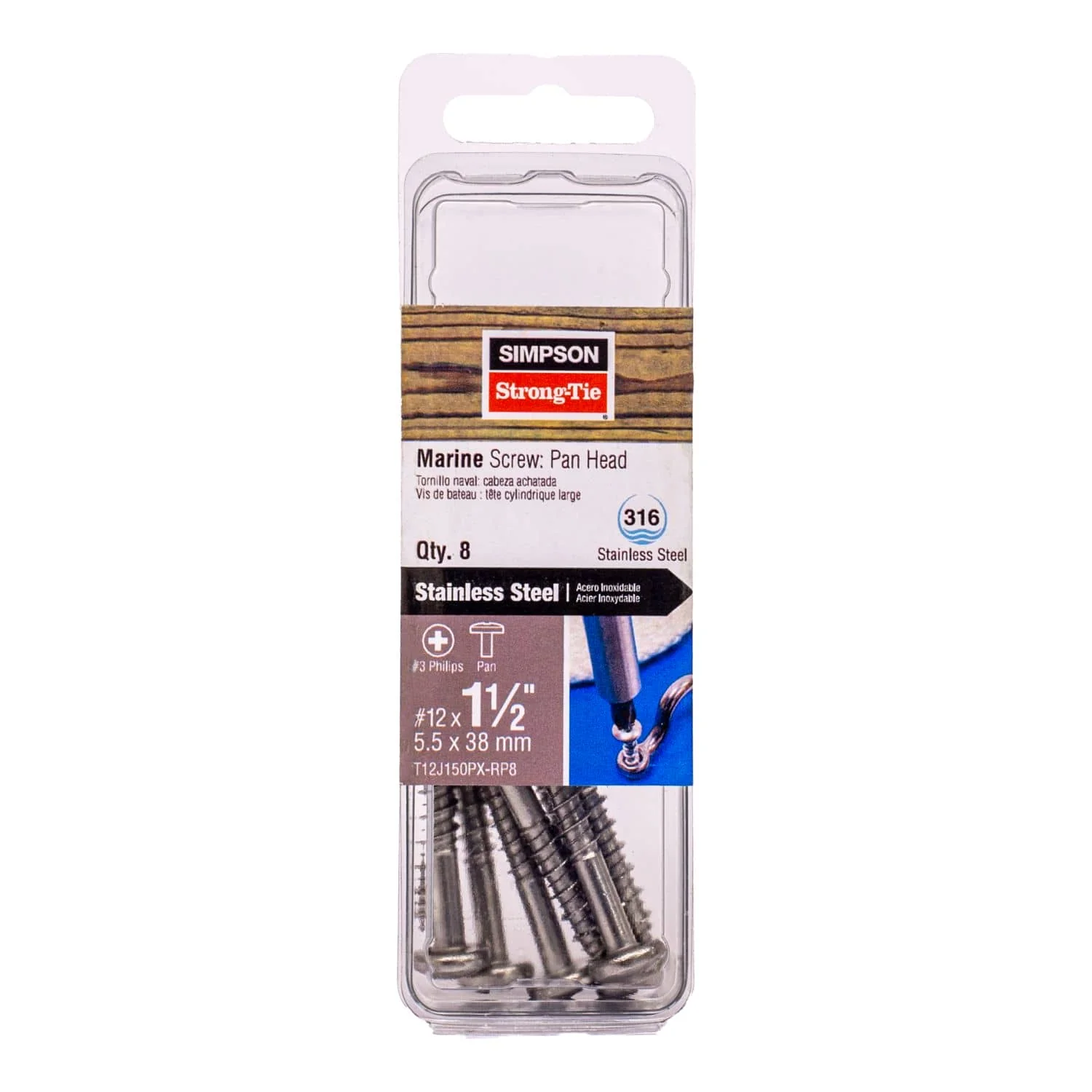 Simpson Strong-Tie T12J150PX-RP8 Marine Screw, Pan Head,  #12 x 1-1/2-in. #3 Phillips Drive, Type 316, 8-Pack - Image 2