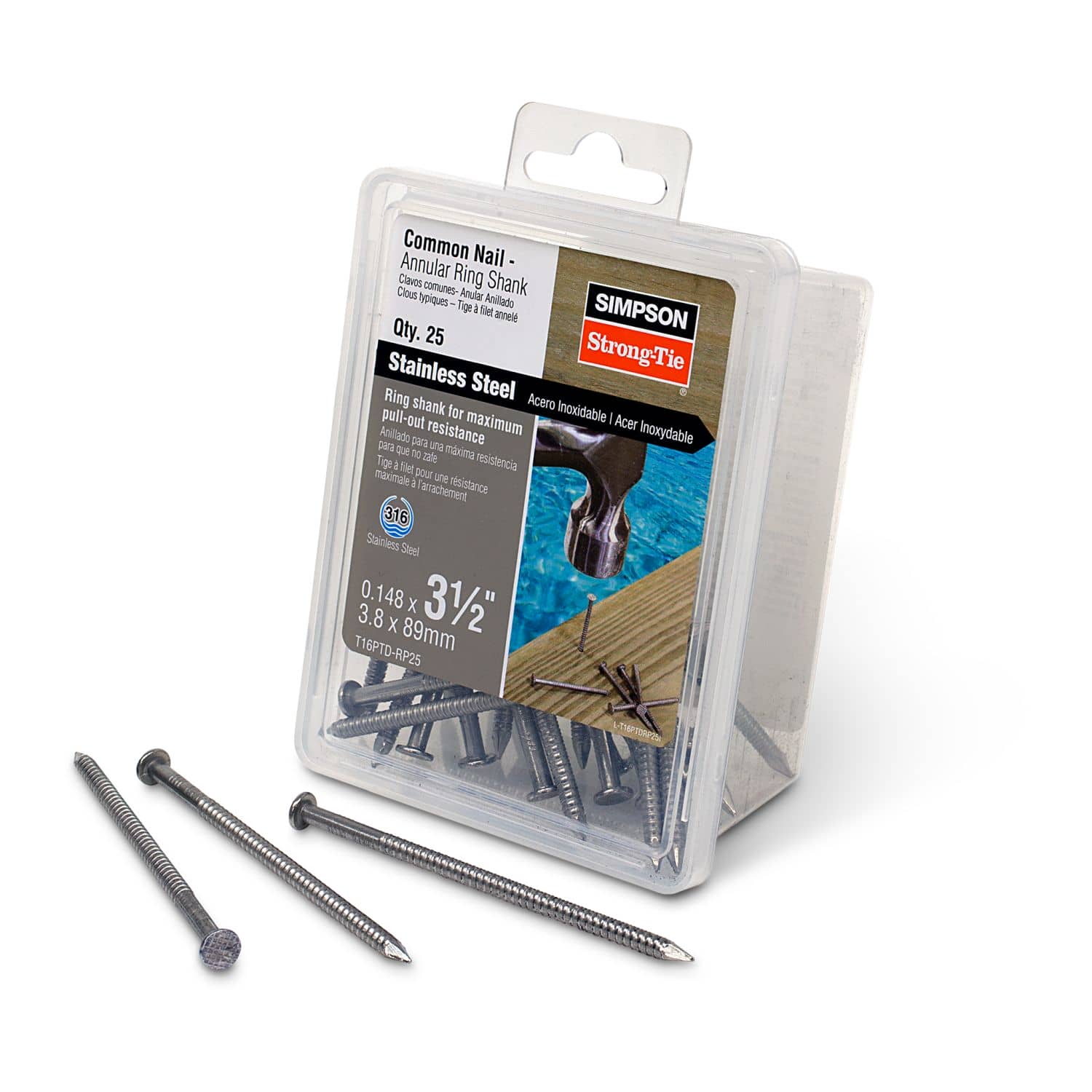 Simpson Strong-Tie T16PTD-RP25 Preservative-Treated Wood Decking Nail, Ring Shank,  3-1/2-in. x .148-in. Type 316, 25-Pack - Image 2