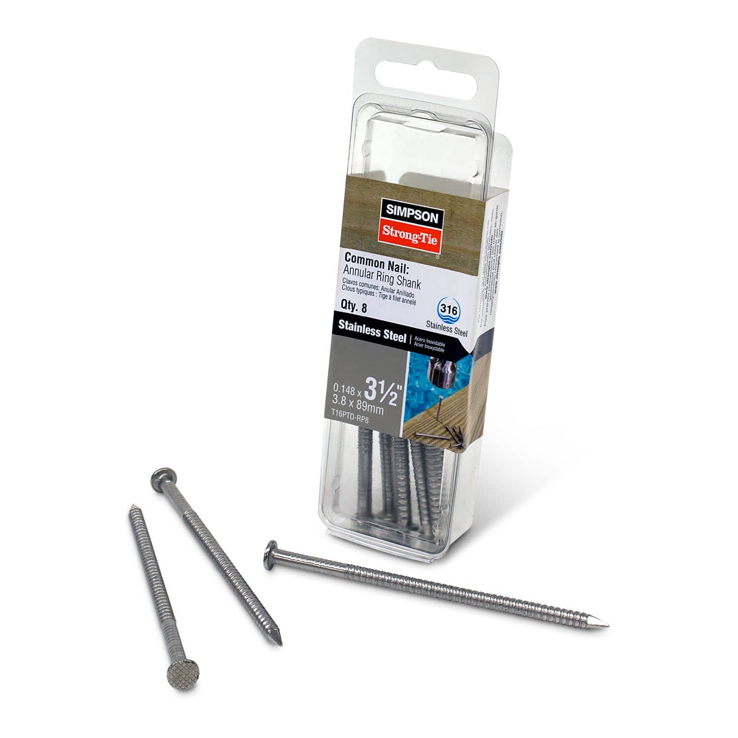 Simpson Strong-Tie T16PTD-RP8 Preservative-Treated Wood Decking Nail, Ring Shank,  3-1/2-in. x .148-in. Type 316, 8-Pack - Image 2