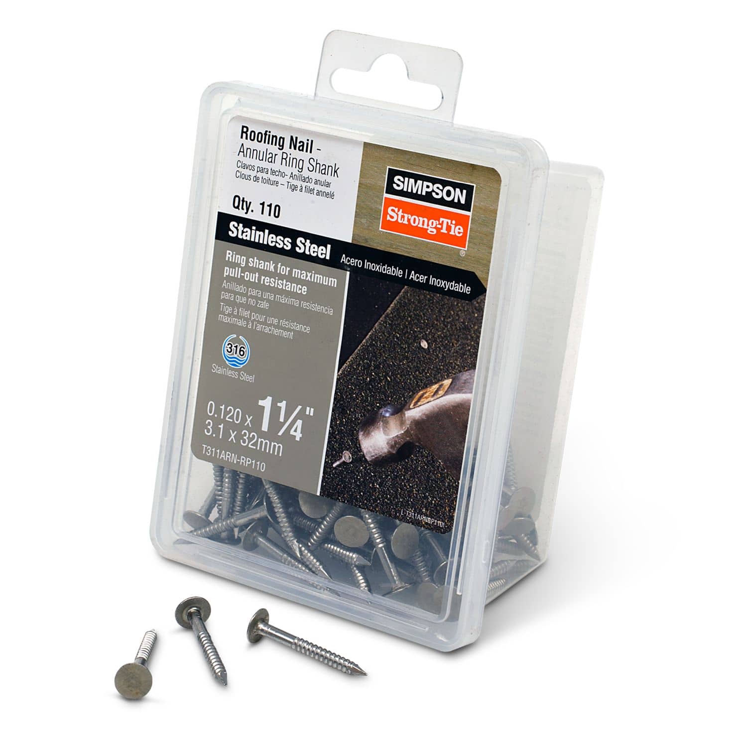 Simpson Strong-Tie T311ARN-RP110 Roofing Nail, Annular Ring Shank,  1-1/4-in. x .120-in. Type 316 Stainless Steel, 110-Pack - Image 2