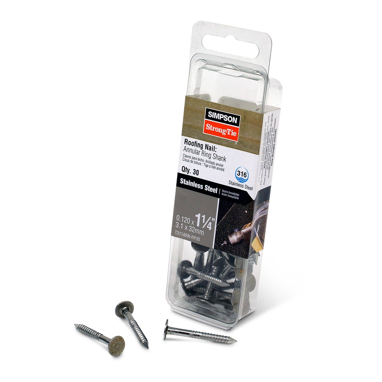 Simpson Strong-Tie T311ARN-RP30 Roofing Nail, Annular Ring Shank,  1-1/4-in. x .120-in. Type 316 Stainless Steel, 30-Pack - Image 2