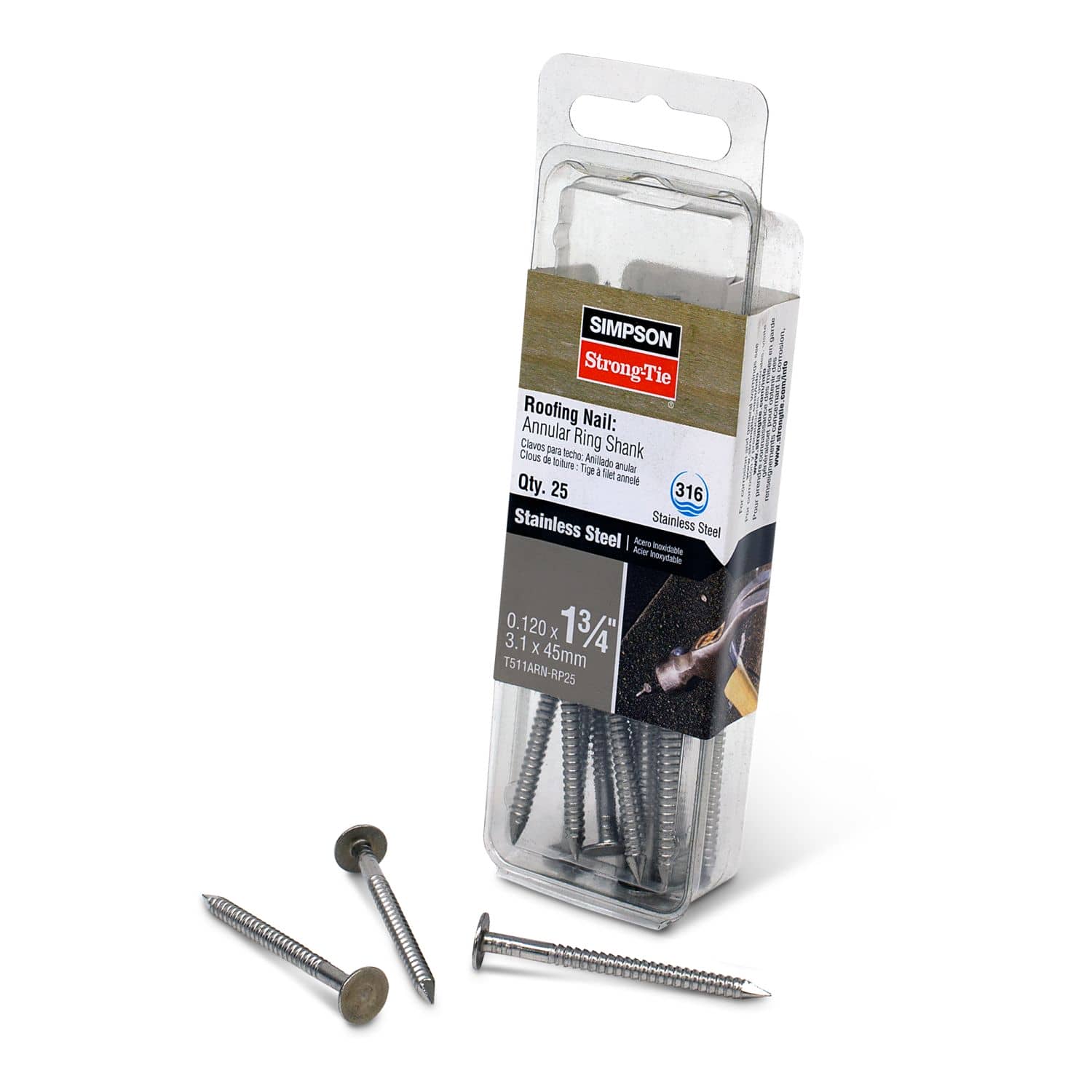 Simpson Strong-Tie T511ARN-RP25 Roofing Nail, Annular Ring Shank,  1-3/4-in. x .120-in. Type 316 Stainless Steel, 25-Pack - Image 2