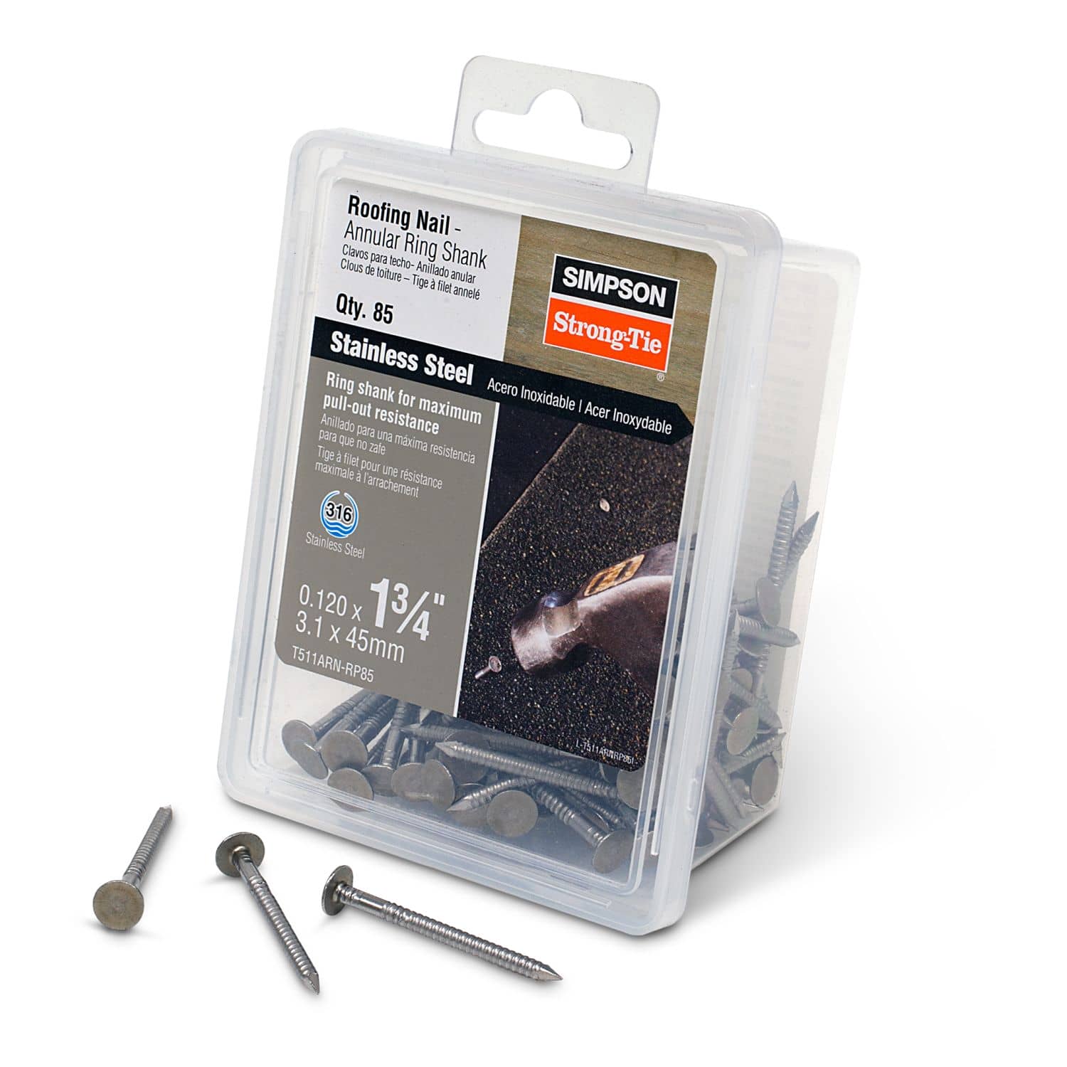 Simpson Strong-Tie T511ARN-RP85 Roofing Nail, Annular Ring Shank,  1-3/4-in. x .120-in. Type 316 Stainless Steel, 85-Pack - Image 2