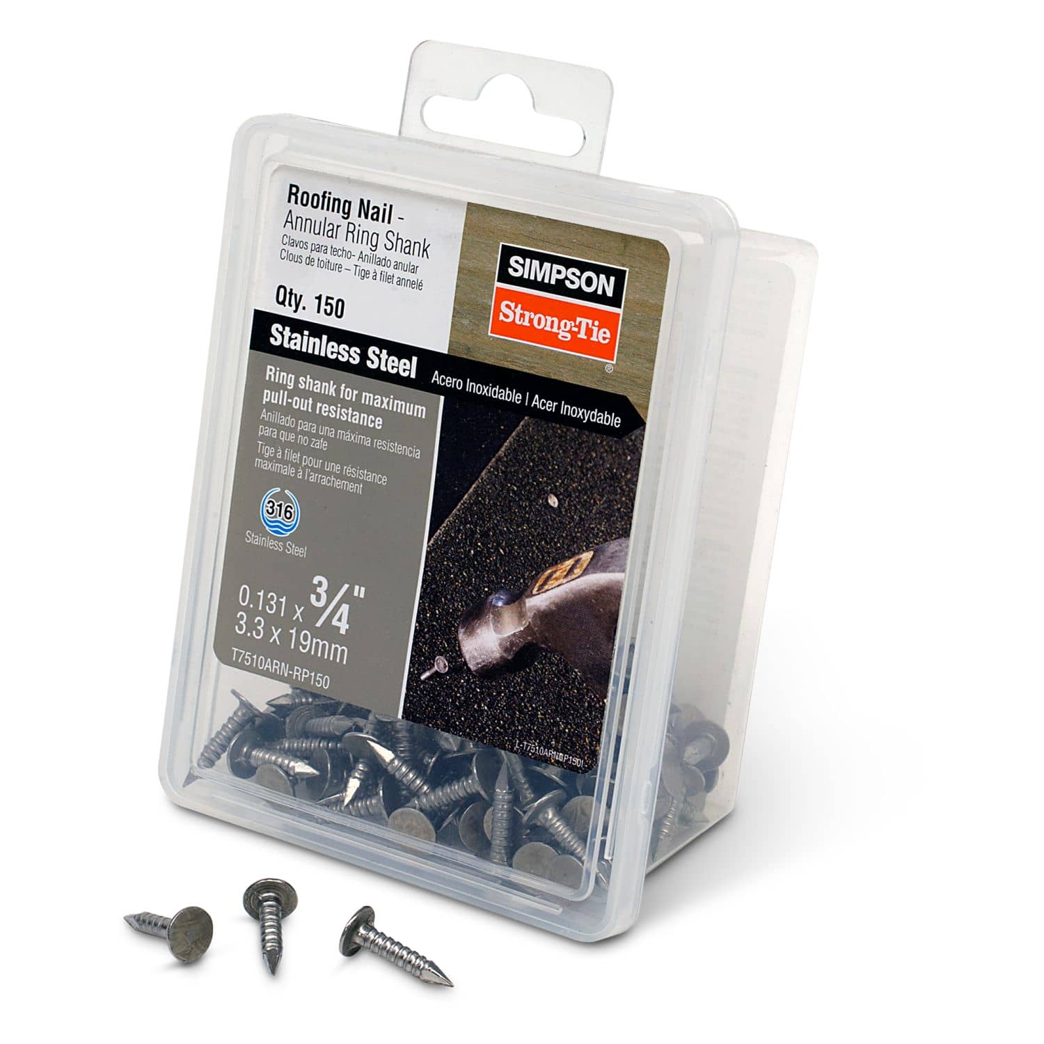 Simpson Strong-Tie T7510ARN-RP150 Roofing Nail, Annular Ring Shank,  3/4-in. x .131-in. Type 316 Stainless Steel, 150-Pack - Image 2