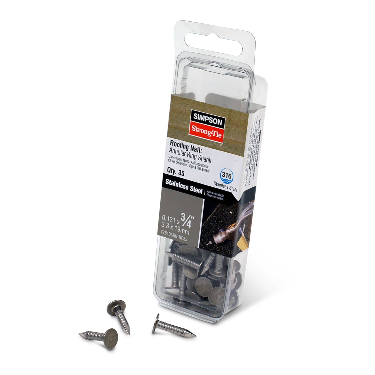 Simpson Strong-Tie T7510ARN-RP35 Roofing Nail, Annular Ring Shank,  3/4-in. x .131-in. Type 316 Stainless Steel, 35-Pack - Image 2