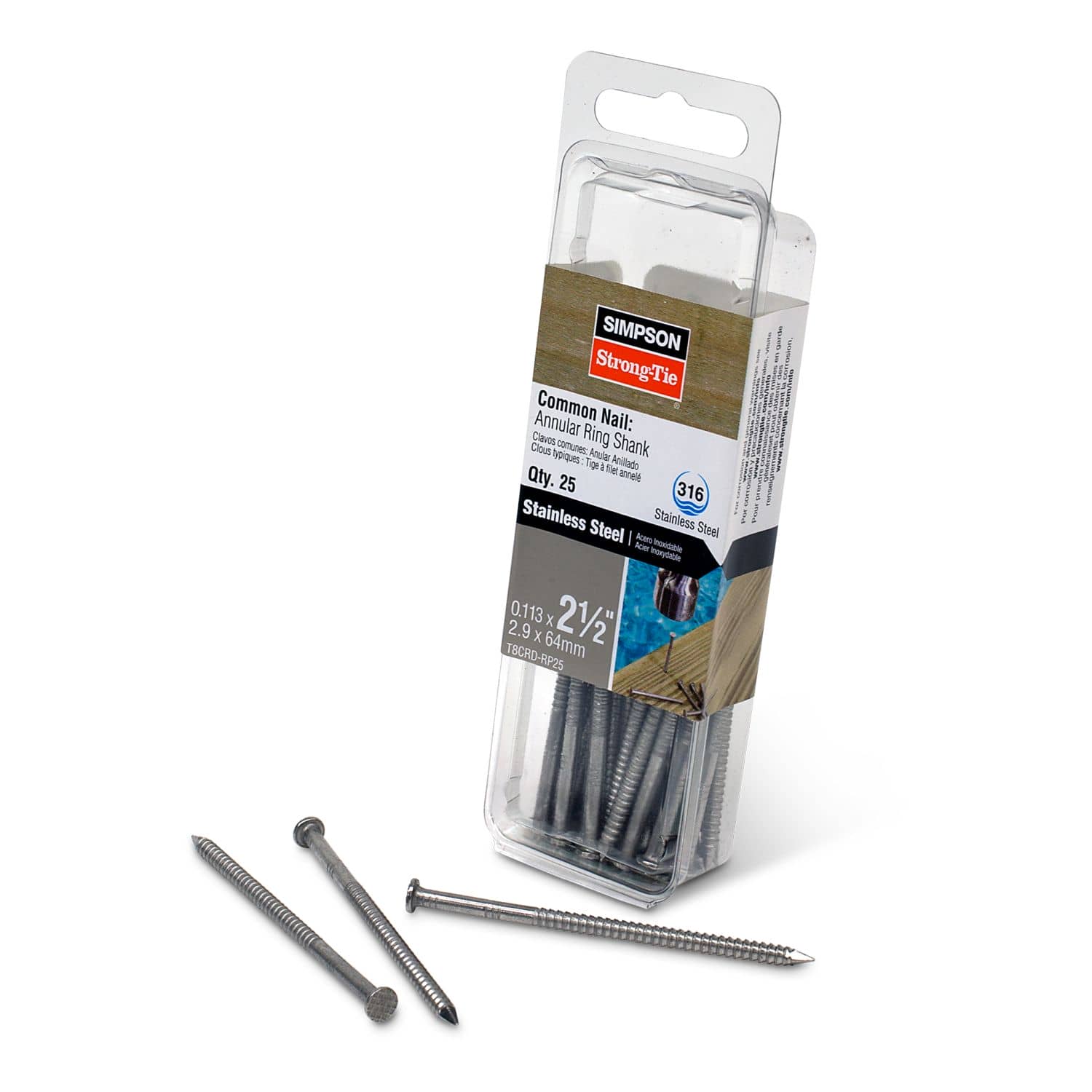 Simpson Strong-Tie T8CRD-RP25 Cedar and Redwood Decking Nail,  2-1/2-in. x .113-in. Type 316 Stainless Steel, 25-Pack - Image 2